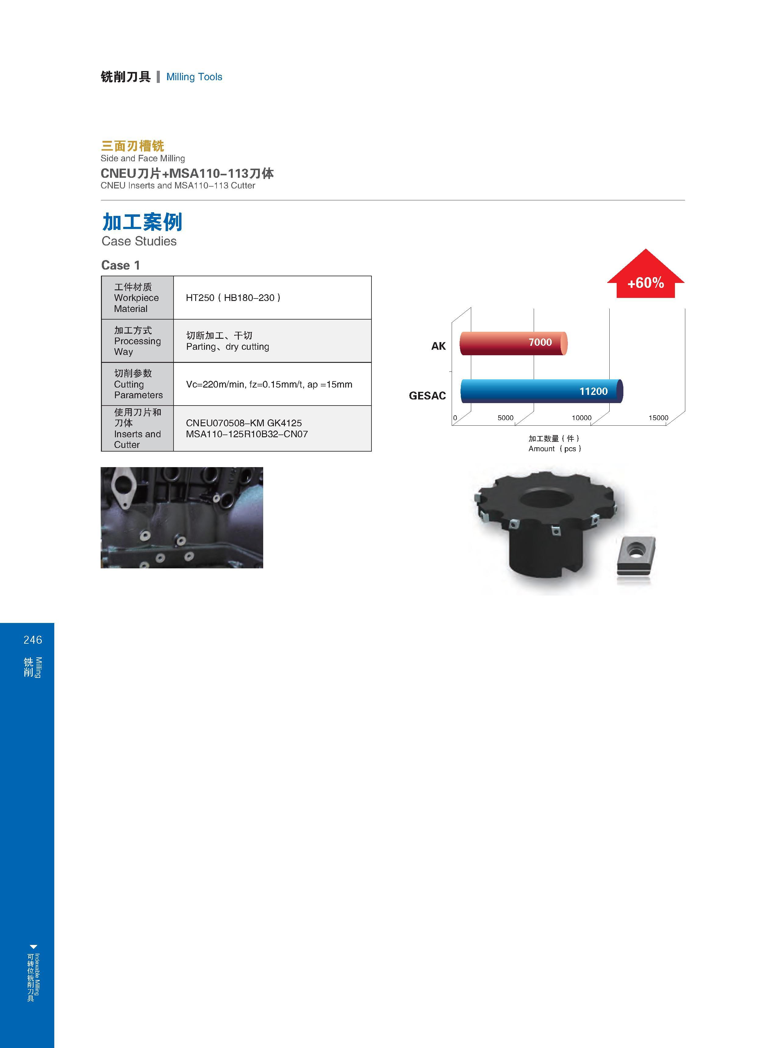 252 Indexable Milling 铣削刀具 Milling Tools 三面刃槽铣 Side and Face Milling CNEU刀片+MSA110-113刀体 CNEU Inserts and MSA110-113 Cutter 加工案例 Case Studies Case 1 工件材质 Wor Каталог GESAC 2015 Металлорежущий инструмент для промышленного станочного оборудования Токарные резцы со сменными режущими пластинами Фрезы сборные и монолитные Сверла Стр. 246