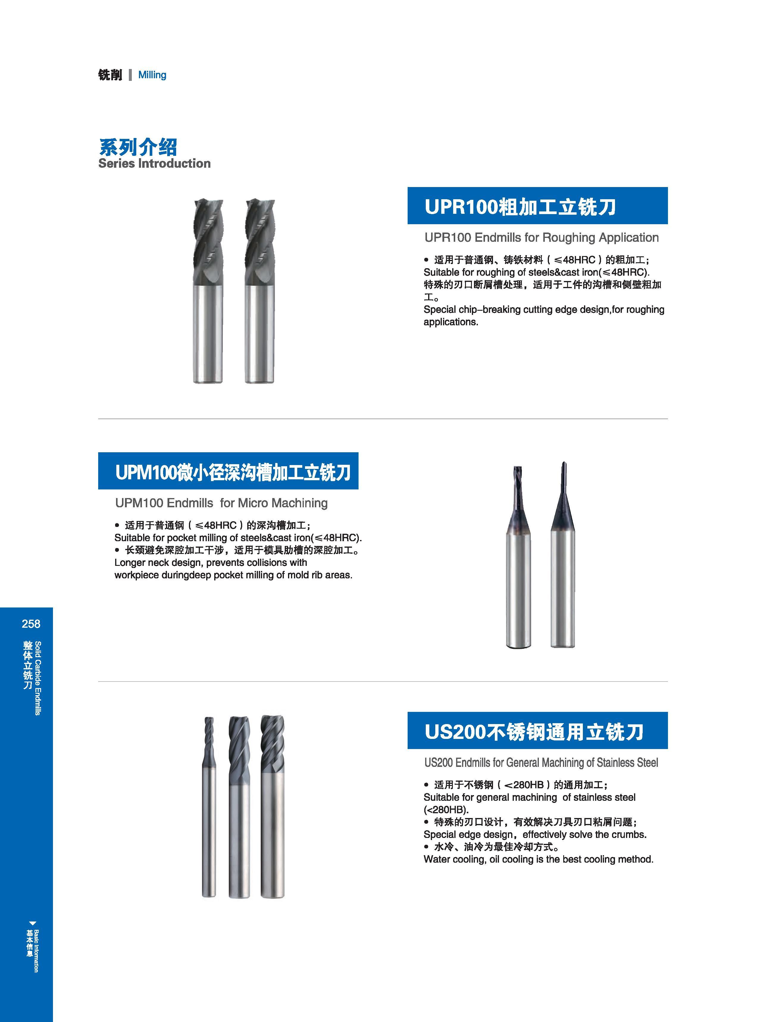 264 铣削 I Milling 系列介绍 Series Introduction UPR100粗加工立铣刀 UPR100 Endmills for Roughing Application 适用于普通钢 铸铁材料(名48HRC)的粗加工； Suitable for roughing of steels&cast Каталог GESAC 2015 Металлорежущий инструмент для промышленного станочного оборудования Токарные резцы со сменными режущими пластинами Фрезы сборные и монолитные Сверла Стр. 258