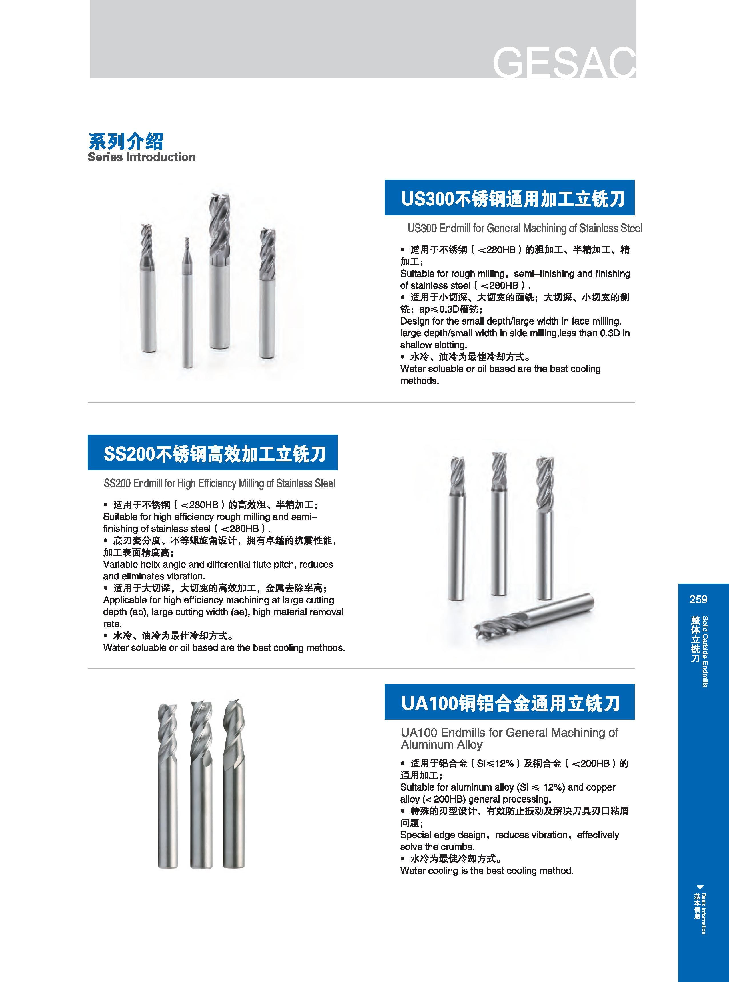 265 系列介绍 Series Introduction US300不锈钢通用加工立铣刀 US300 Endmill for General Machining of Stainless Steel Нержавеющая сталь 适用于不锈钢 <280HB)的粗加工 半精加工 精 加工； Suitable Каталог GESAC 2015 Металлорежущий инструмент для промышленного станочного оборудования Токарные резцы со сменными режущими пластинами Фрезы сборные и монолитные Сверла Стр. 259
