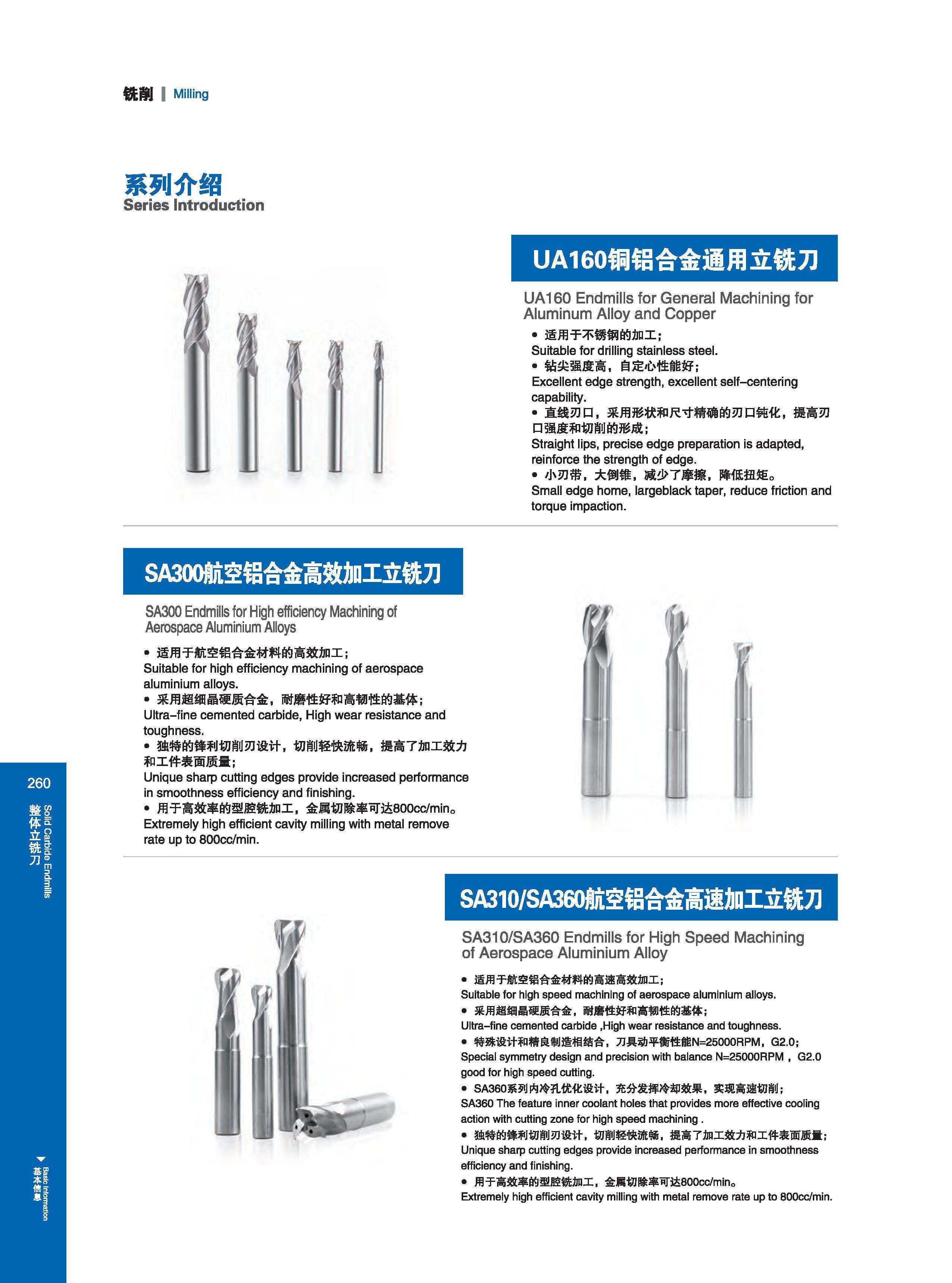 266 铣削 I Milling 系列介绍 Series Introduction UA160铜铝合金通用立铣刀 UA160 Endmills for General Machining for Aluminum Alloy and Copper 适用于不锈钢的加工； Suitable for drilling Каталог GESAC 2015 Металлорежущий инструмент для промышленного станочного оборудования Токарные резцы со сменными режущими пластинами Фрезы сборные и монолитные Сверла Стр. 260