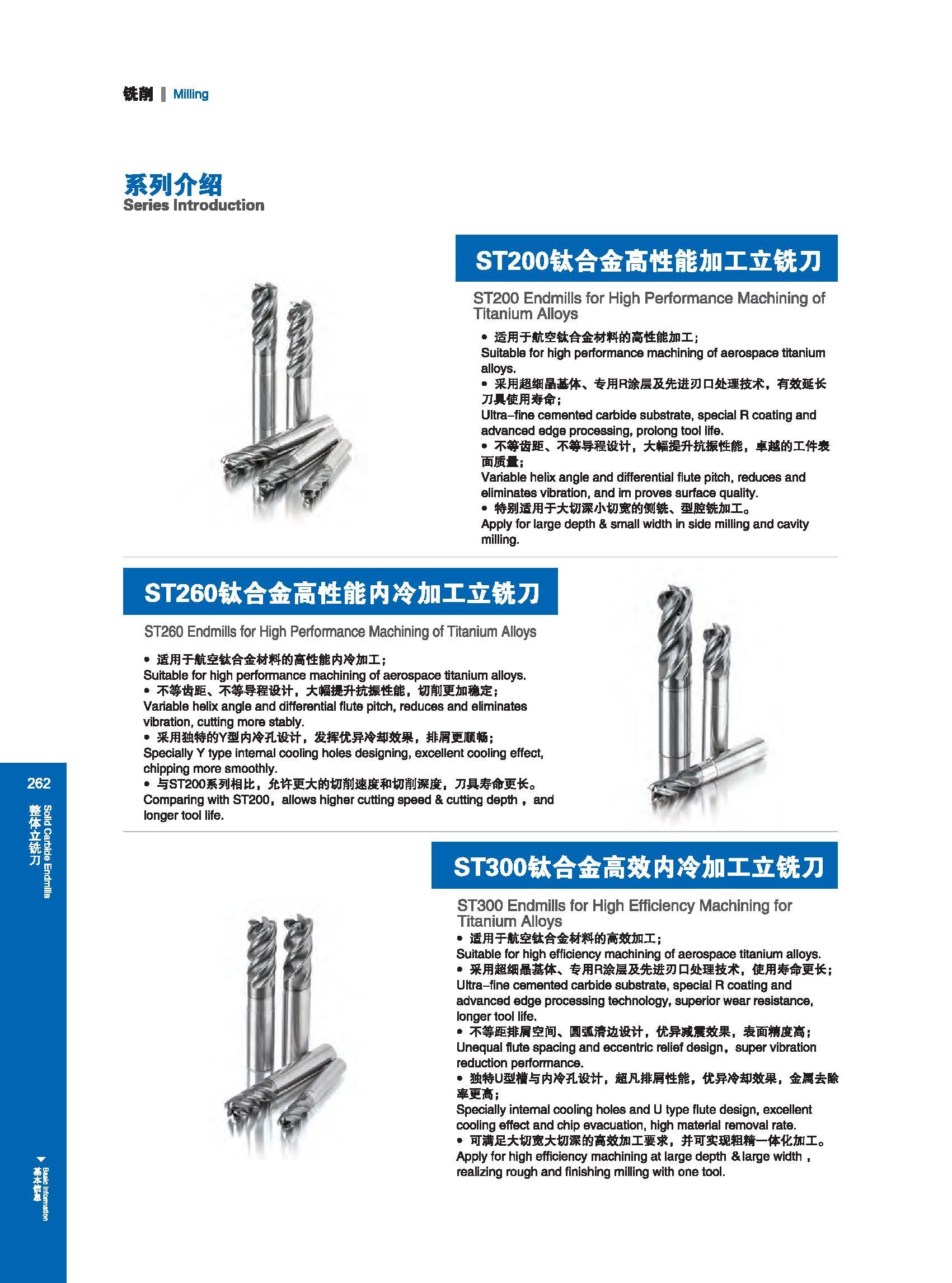 268 铣割 I Milling ST200钛合金高性能加工立铣刀 系列介绍 Series Introduction ST200 Endmills for High Performance Machining of Titanium Alloys 适用于航空钛合金材料的高性能加工； Suitable for hi Каталог GESAC 2015 Металлорежущий инструмент для промышленного станочного оборудования Токарные резцы со сменными режущими пластинами Фрезы сборные и монолитные Сверла Стр. 262