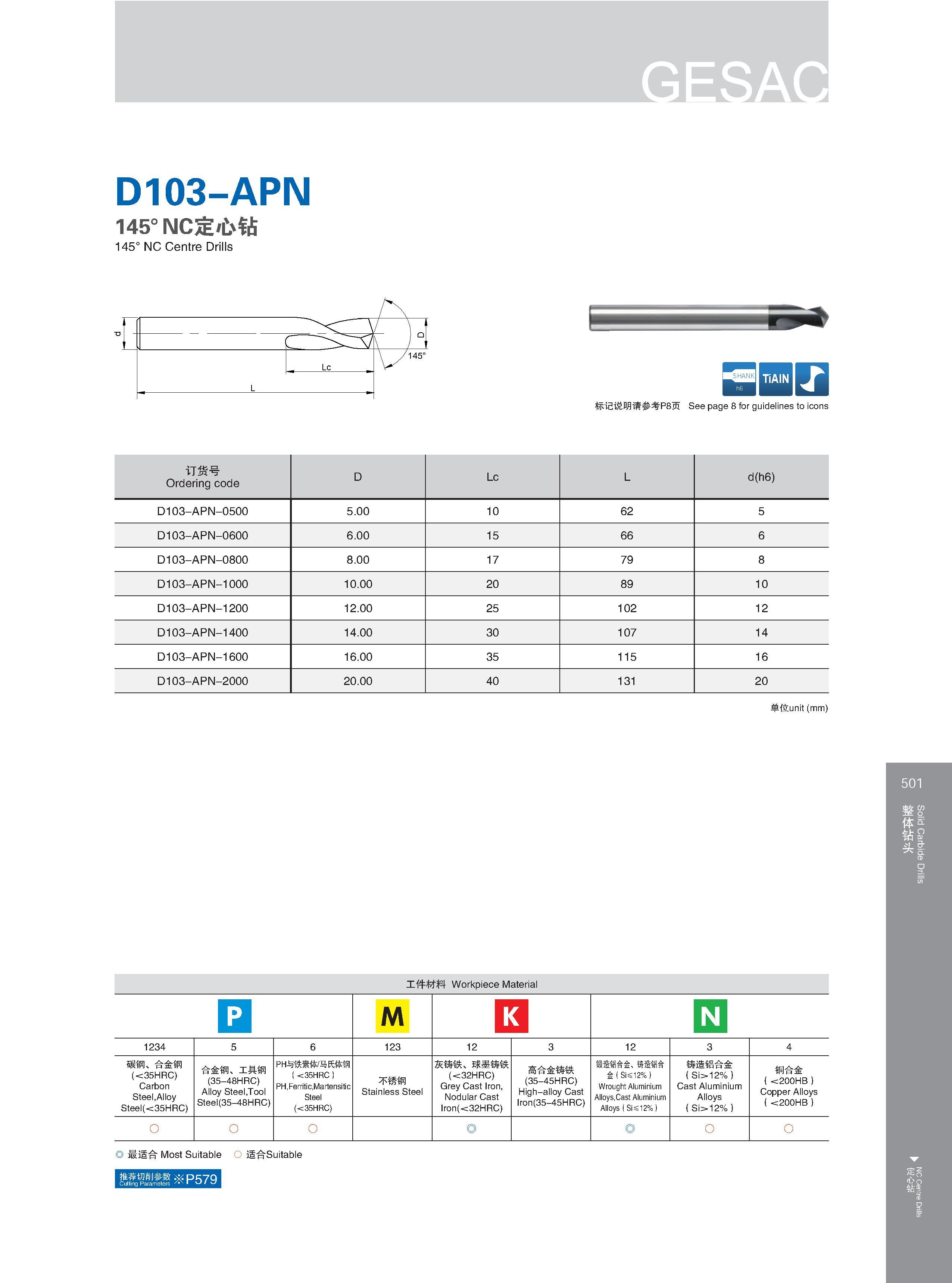 507 D103-APN 145° INC定心钻 145° NC Centre Drills 标记说明请参考P8页 See page 8 for guidelines to icons Расшифровку графических символов каталога см на стр 8 工件材料 Workp Каталог GESAC 2015 Металлорежущий инструмент для промышленного станочного оборудования Токарные резцы со сменными режущими пластинами Фрезы сборные и монолитные Сверла Стр. 501