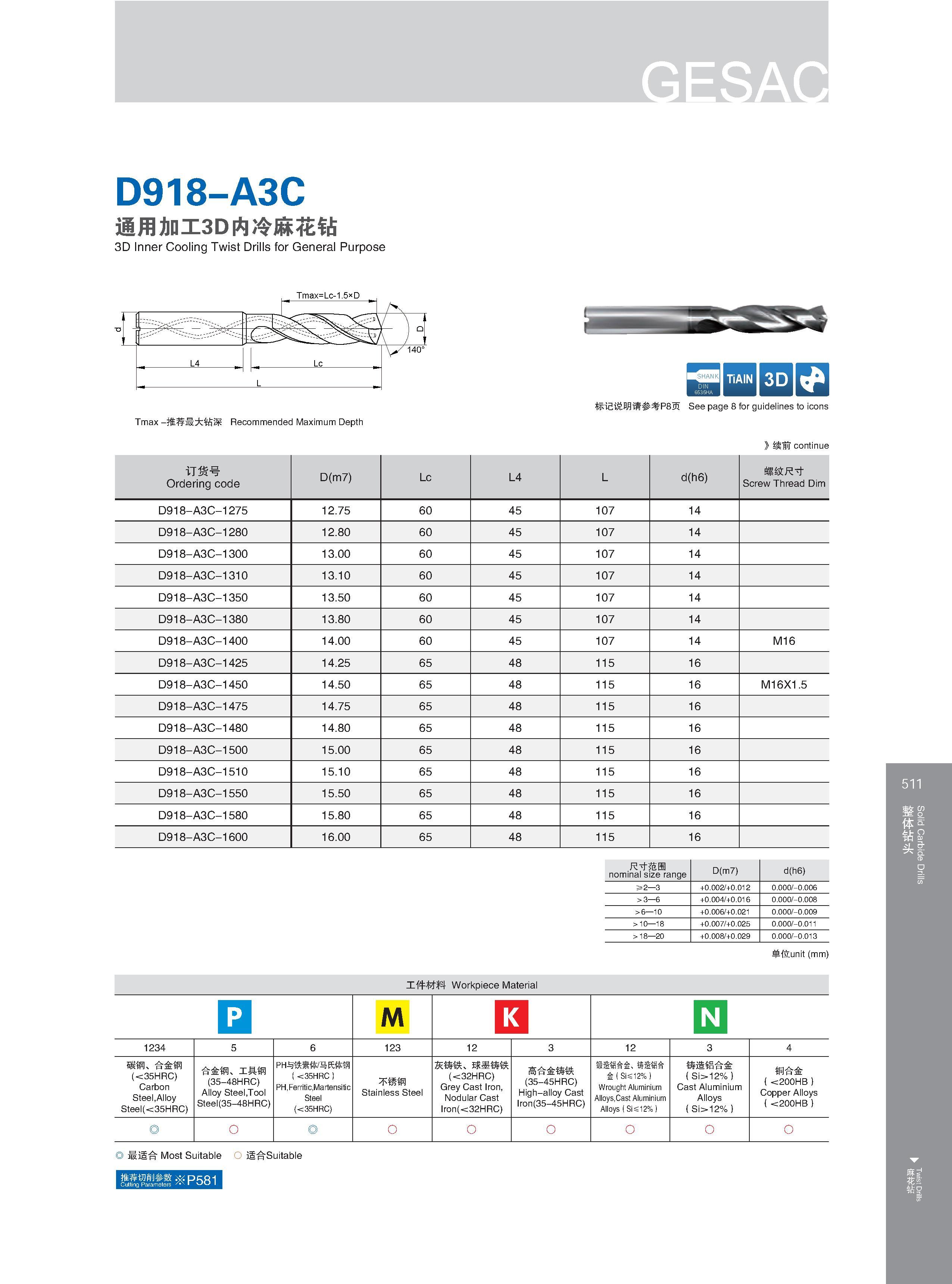 517 D918-A3C 通用加工3D内冷麻花钻 3D Inner Cooling Twist Drills for General Purpose TiAIN 3D IQ 标记说明请参考P8页 See page 8 for guidelines to icons Расшифровку графических Каталог GESAC 2015 Металлорежущий инструмент для промышленного станочного оборудования Токарные резцы со сменными режущими пластинами Фрезы сборные и монолитные Сверла Стр. 511