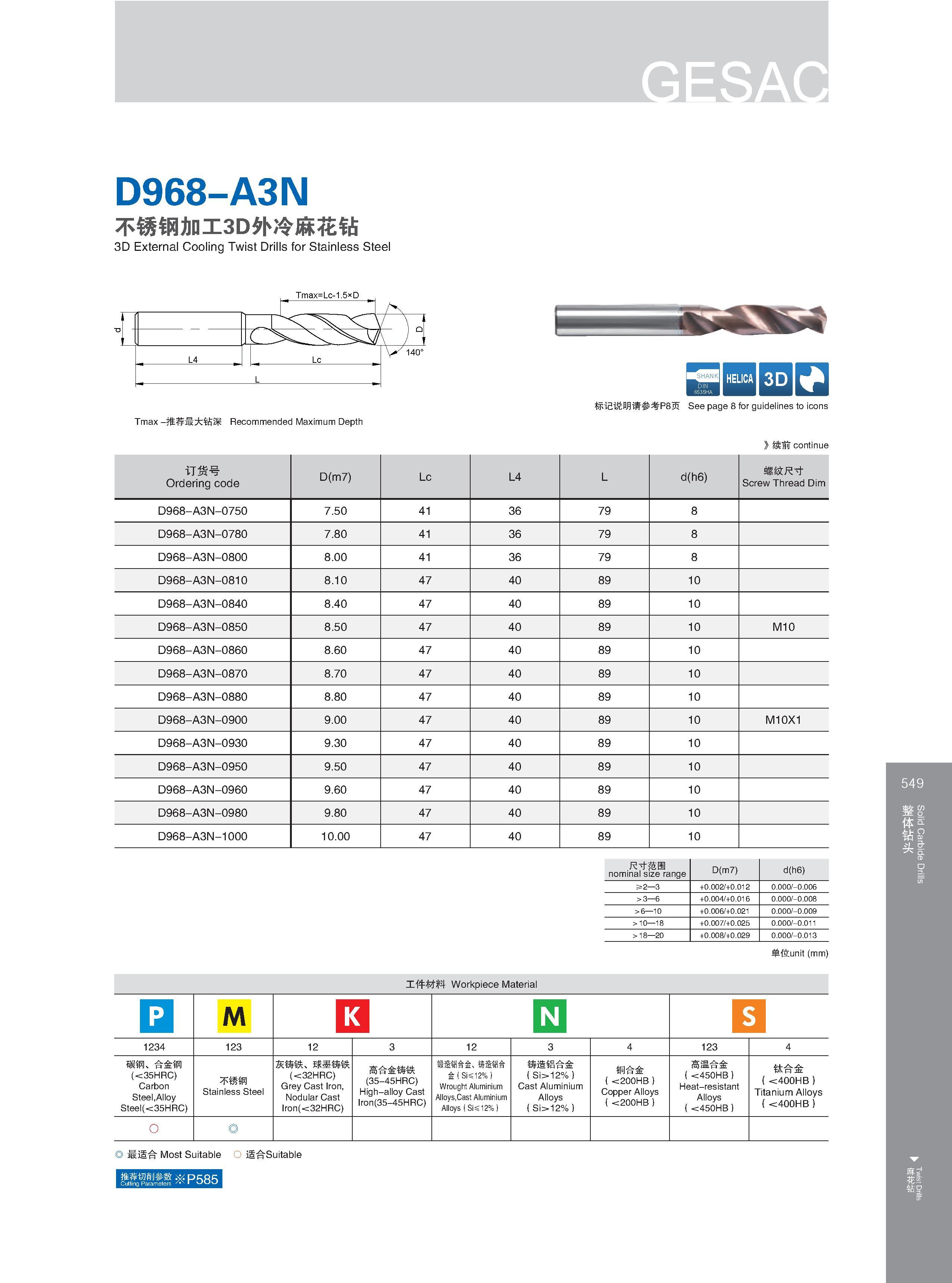 555 D968-A3N 不锈钢加工3D外冷麻花钻 3D External Cooling Twist Drills for Stainless Steel Нержавеющая сталь Tmax -推荐最大钻深 Recommended Maximum Depth Максимальная глубина Каталог GESAC 2015 Металлорежущий инструмент для промышленного станочного оборудования Токарные резцы со сменными режущими пластинами Фрезы сборные и монолитные Сверла Стр. 549