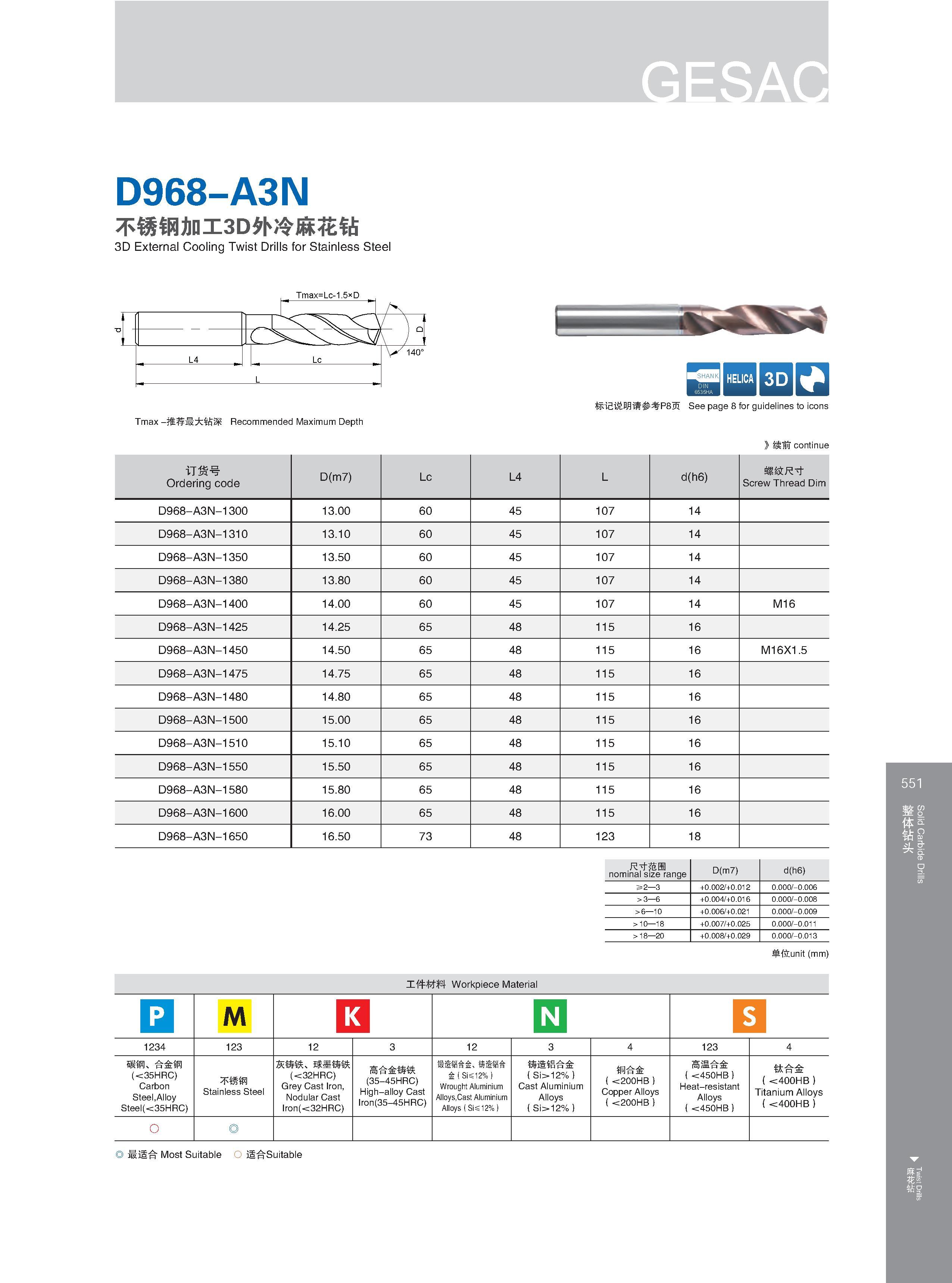 557 D968-A3N 不锈钢加工3D外冷麻花钻 3D External Cooling Twist Drills for Stainless Steel Нержавеющая сталь Tmax -推荐最大钻深 Recommended Maximum Depth Максимальная глубина Каталог GESAC 2015 Металлорежущий инструмент для промышленного станочного оборудования Токарные резцы со сменными режущими пластинами Фрезы сборные и монолитные Сверла Стр. 551