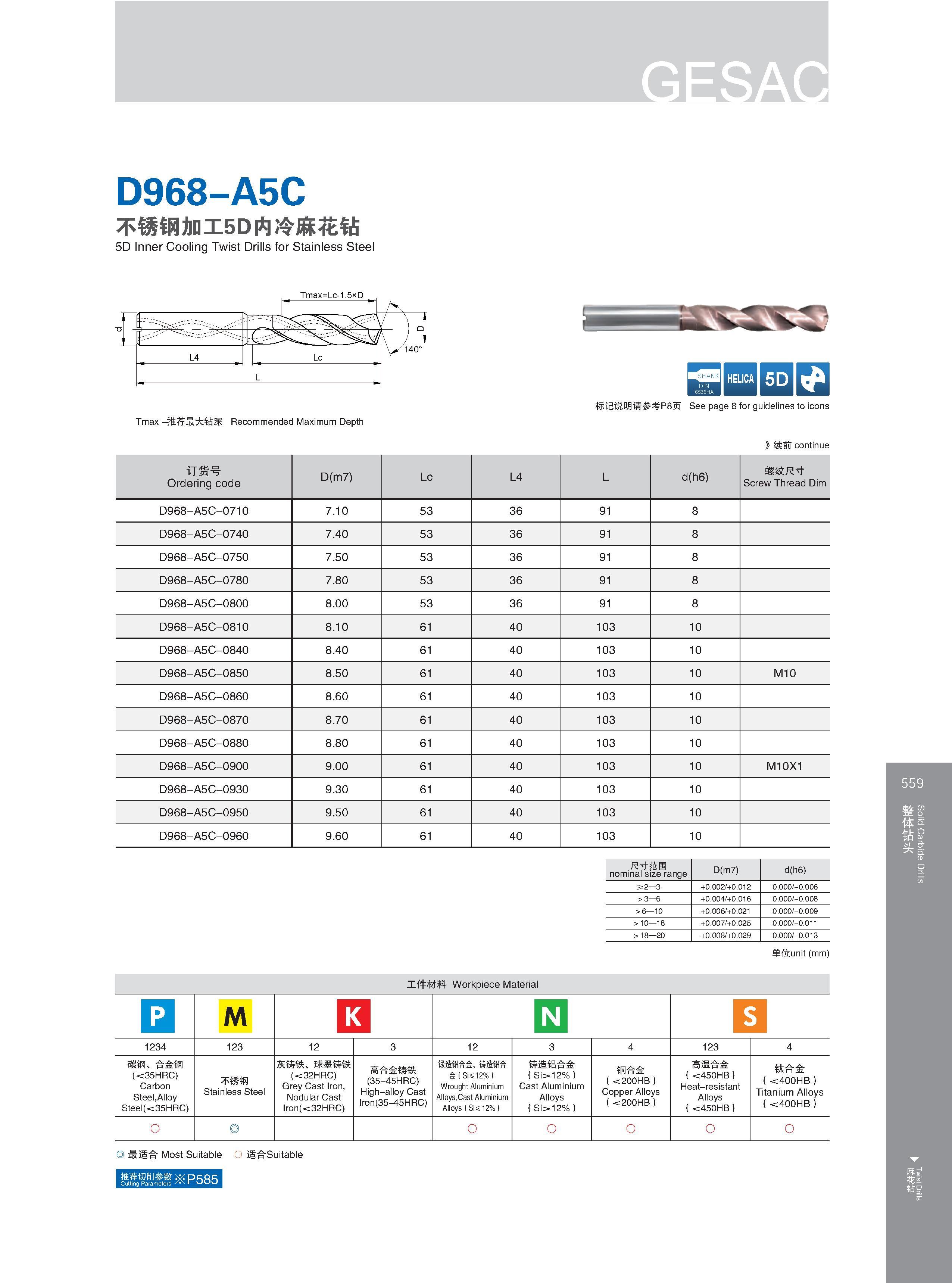 565 D968-A5C 不绣钢加工5D内冷麻花钻 5D Inner Cooling Twist Drills for Stainless Steel Нержавеющая сталь Tmax -推荐最大钻深 Recommended Maximum Depth Максимальная глубина све Каталог GESAC 2015 Металлорежущий инструмент для промышленного станочного оборудования Токарные резцы со сменными режущими пластинами Фрезы сборные и монолитные Сверла Стр. 559