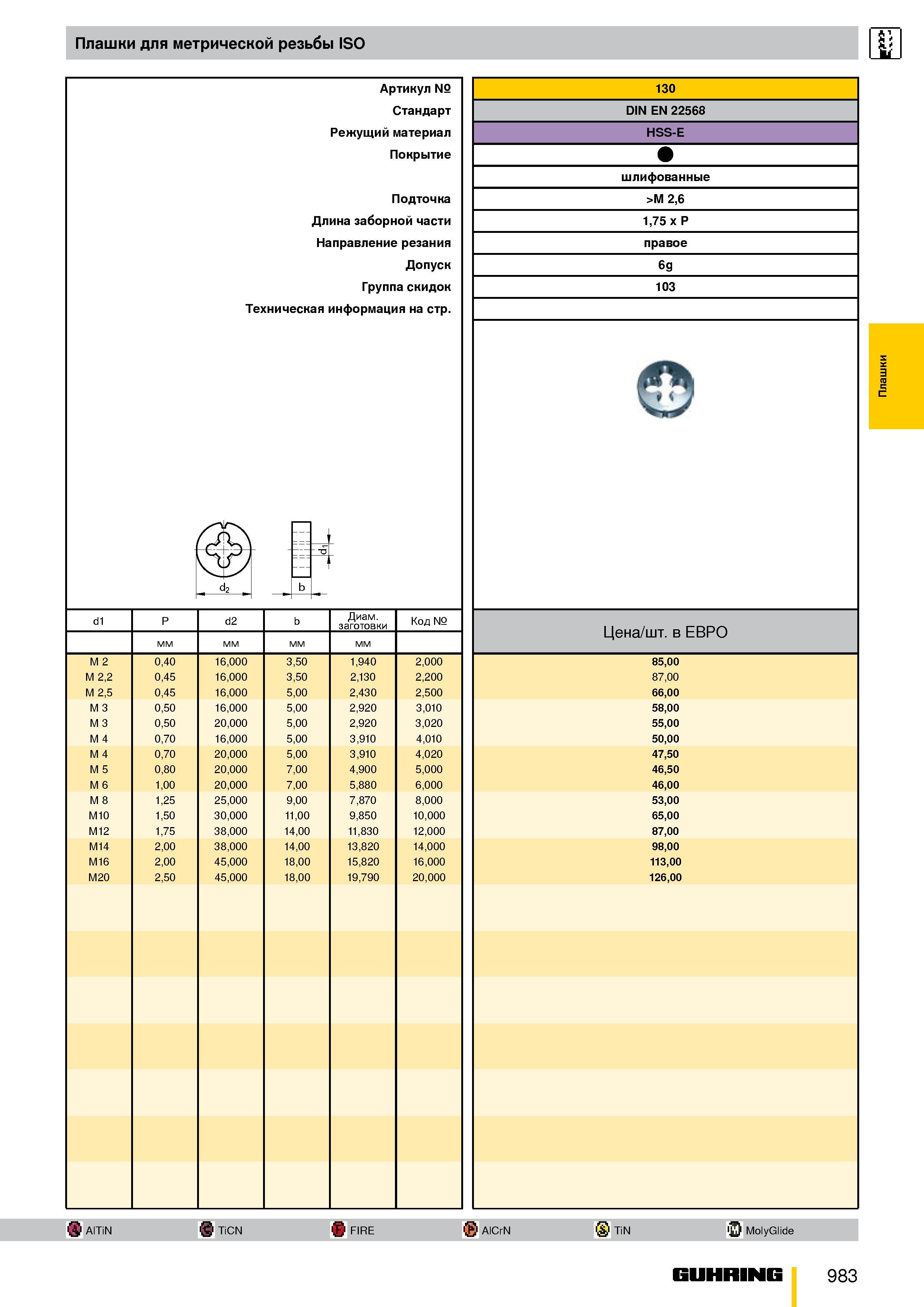 930 Плашки для метрической резьбы ISO 1 d1 M 2 M 2,2 M 2,5 M 3 M 3 M 4 M 4 M 5 M 6 M 8 M10 M12 M14 M16 M20 Артикул № Стандарт Режущий материал Покрыт Каталог GUHRING 2009 Металлорежущий инструмент и шпиндельная инструментальная оснастка для металлообрабатывающих станков Стр. 983