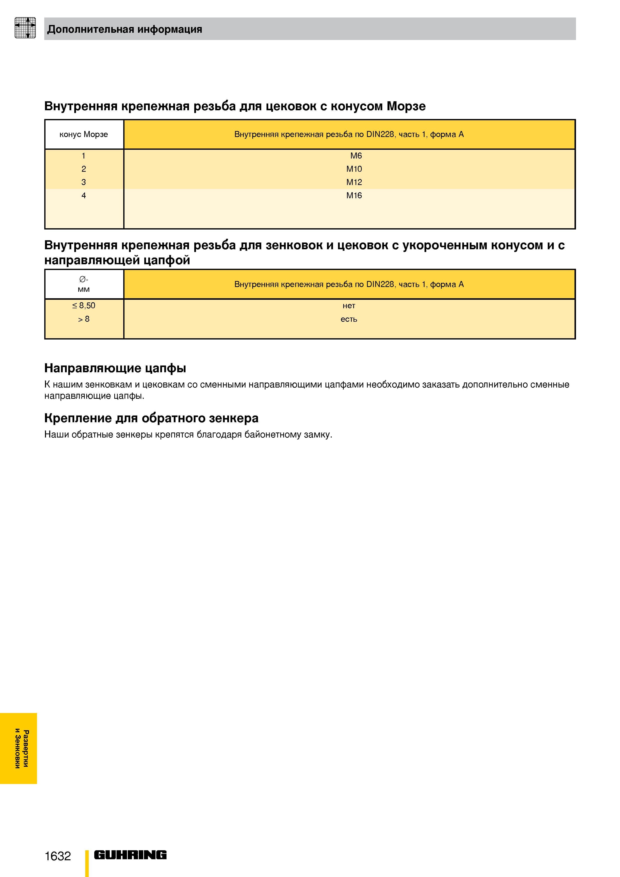 1473 Развертки и Зенковки Дополнительная информация Внутренняя крепежная резьба для цековок с конусом Морзе конус Морзе Внутренняя крепежная резьба по Каталог GUHRING 2009 Металлорежущий инструмент и шпиндельная инструментальная оснастка для металлообрабатывающих станков Стр. 1632