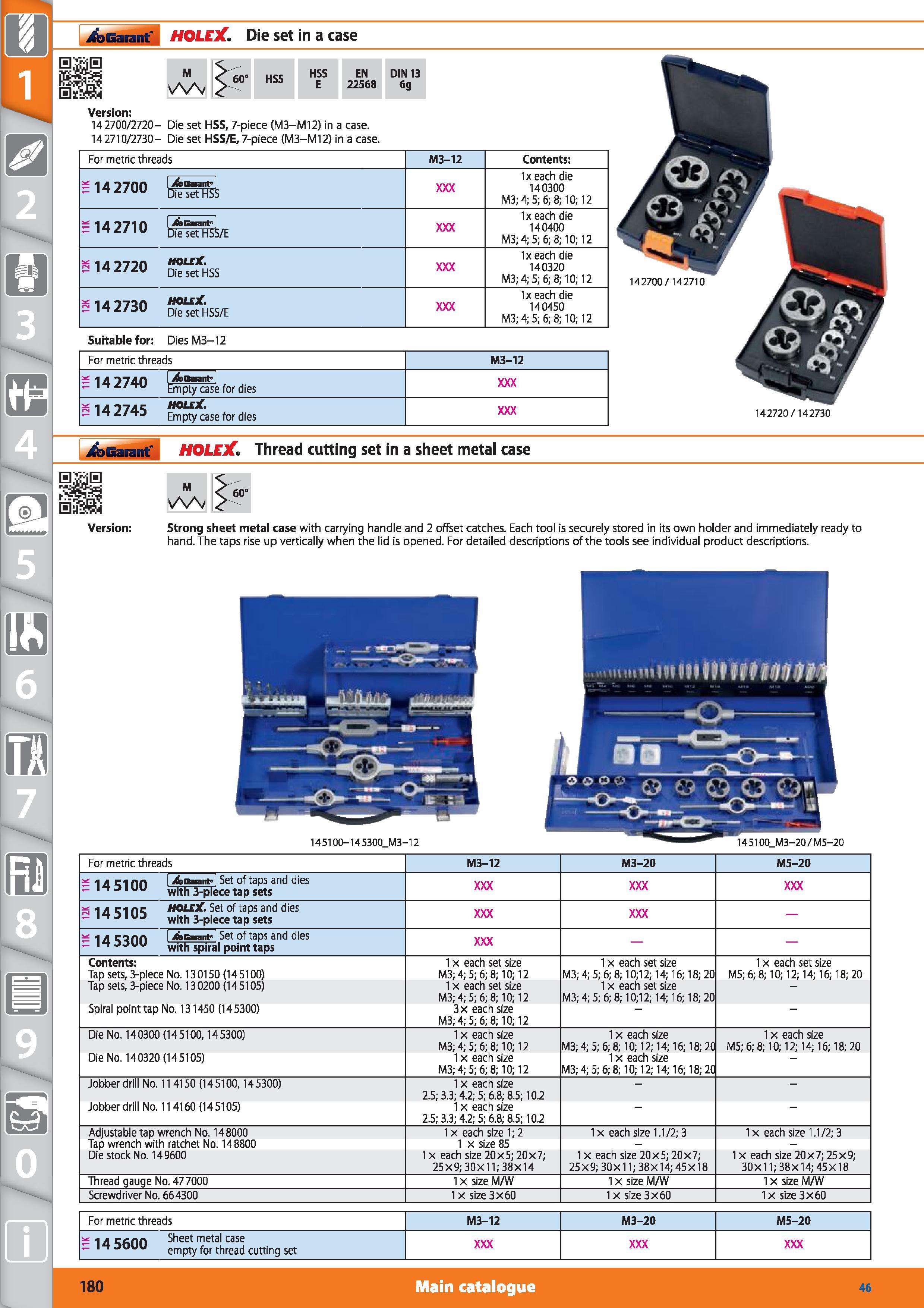 180 Die set HOLEX in a case 60 HSS E EN 22568 DIN 13 6g Version 142700/2720- Die set HSS, 7-piece (M3-M12) in a case 142710/2730- Die set HSS/E, 7-pi Каталог HOFFMANN GROUP 2015 Инструмент режущий слесарный измерительный абразивный Оборудование Комплексные поставки для промышленных предприятий Стр. 180 ENG
