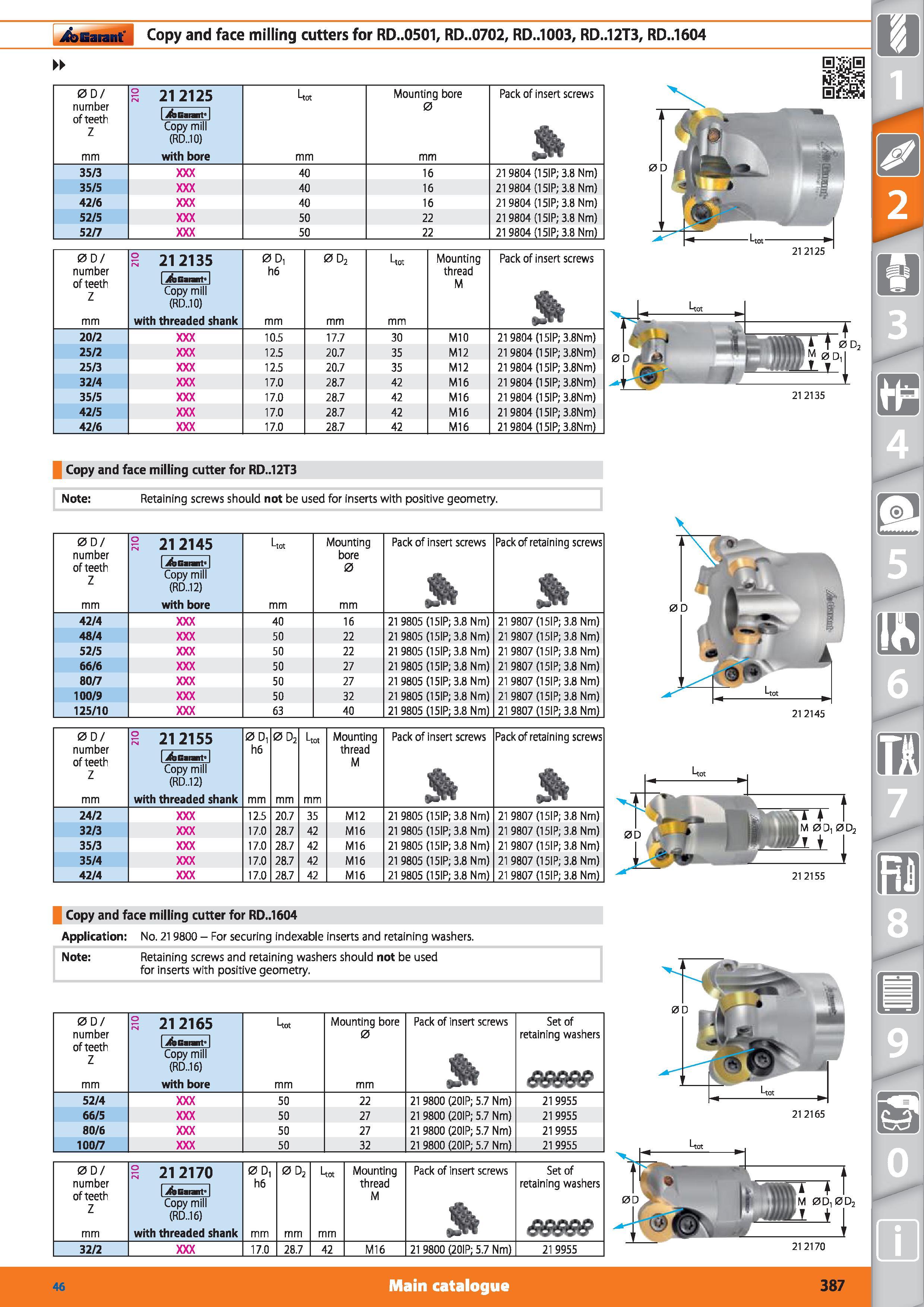 387 Copy and face milling cutters Garant for RD 0501, RD 0702, RD 1003, RD 12T3, RD 1604 00/ number of teeth Z mm S 212125 1 ifesaiants 1 Copy mill ( Каталог HOFFMANN GROUP 2015 Инструмент режущий слесарный измерительный абразивный Оборудование Комплексные поставки для промышленных предприятий Стр. 387 ENG