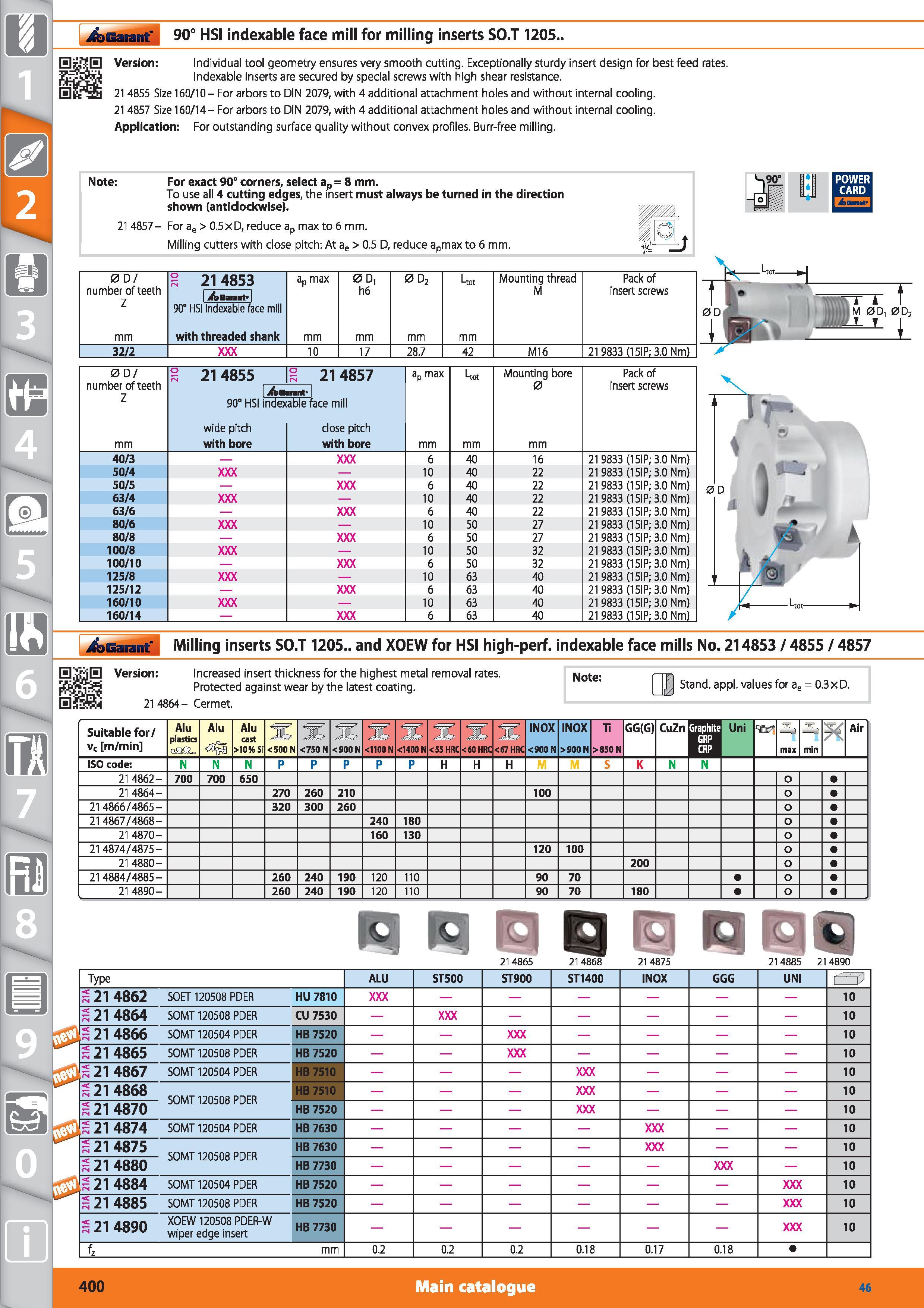 400 Garant 90° HSI indexable face mill for milling inserts SO T 1205 Version Individual tool geometry ensures very smooth cutting Exceptionally sturd Каталог HOFFMANN GROUP 2015 Инструмент режущий слесарный измерительный абразивный Оборудование Комплексные поставки для промышленных предприятий Стр. 400 ENG