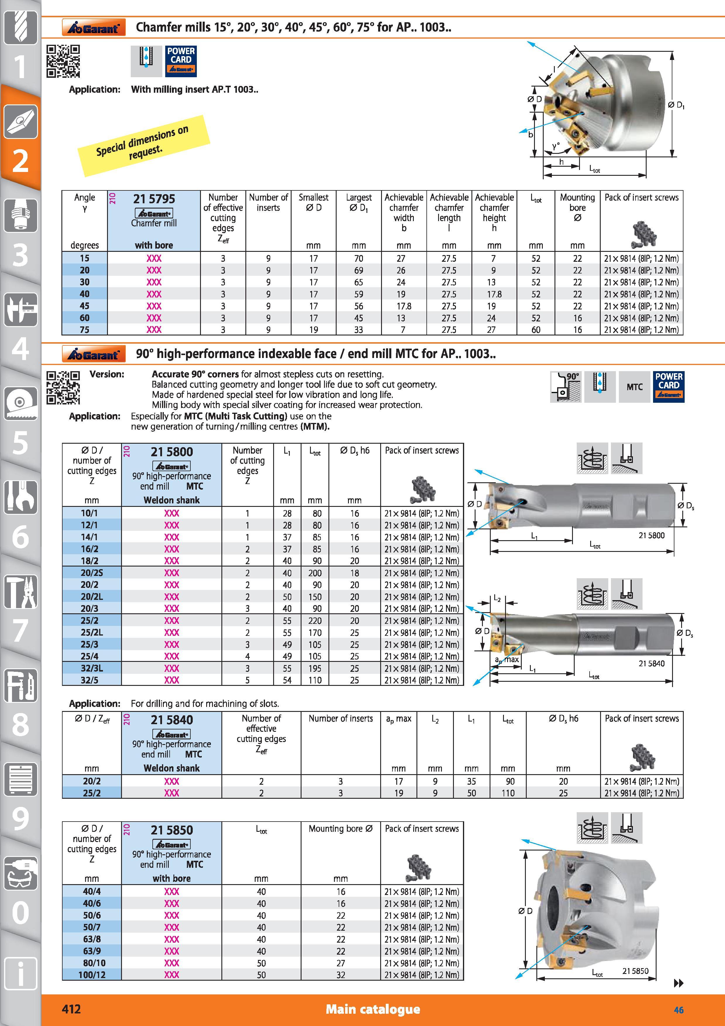 412 Garant Chamfer mills 15°, 20°, 30°, 40°, 45°, 60°, 75° for AP 1003 Application With milling insert AP T 1003 Chamfer mill Number of effective cut Каталог HOFFMANN GROUP 2015 Инструмент режущий слесарный измерительный абразивный Оборудование Комплексные поставки для промышленных предприятий Стр. 412 ENG
