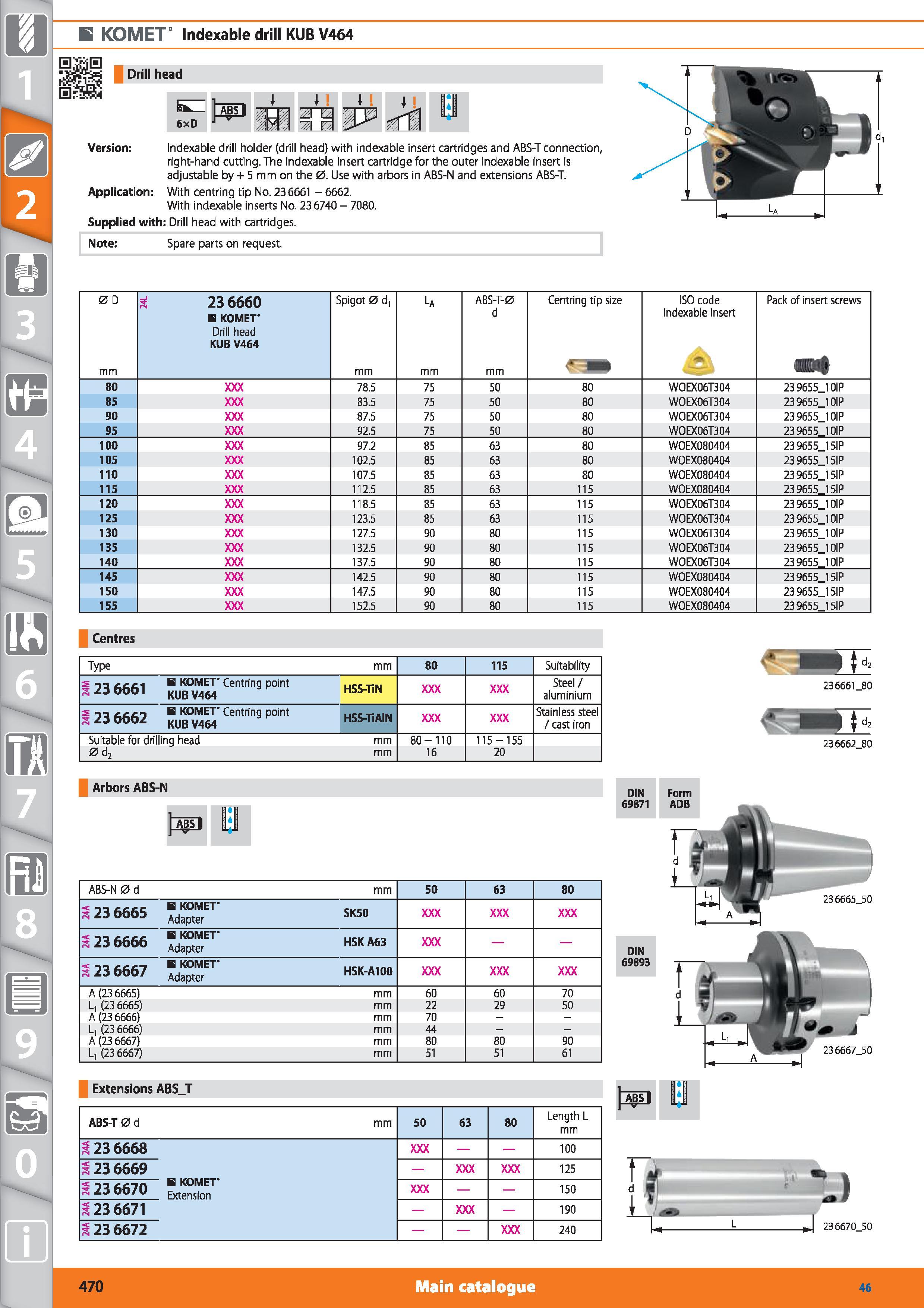 470 Indexable drill KOMET KUB V464 Drill head 6xD Version Indexable drill holder (drill head) with indexable insert cartridges and ABS-Tconnection, r Каталог HOFFMANN GROUP 2015 Инструмент режущий слесарный измерительный абразивный Оборудование Комплексные поставки для промышленных предприятий Стр. 470 ENG