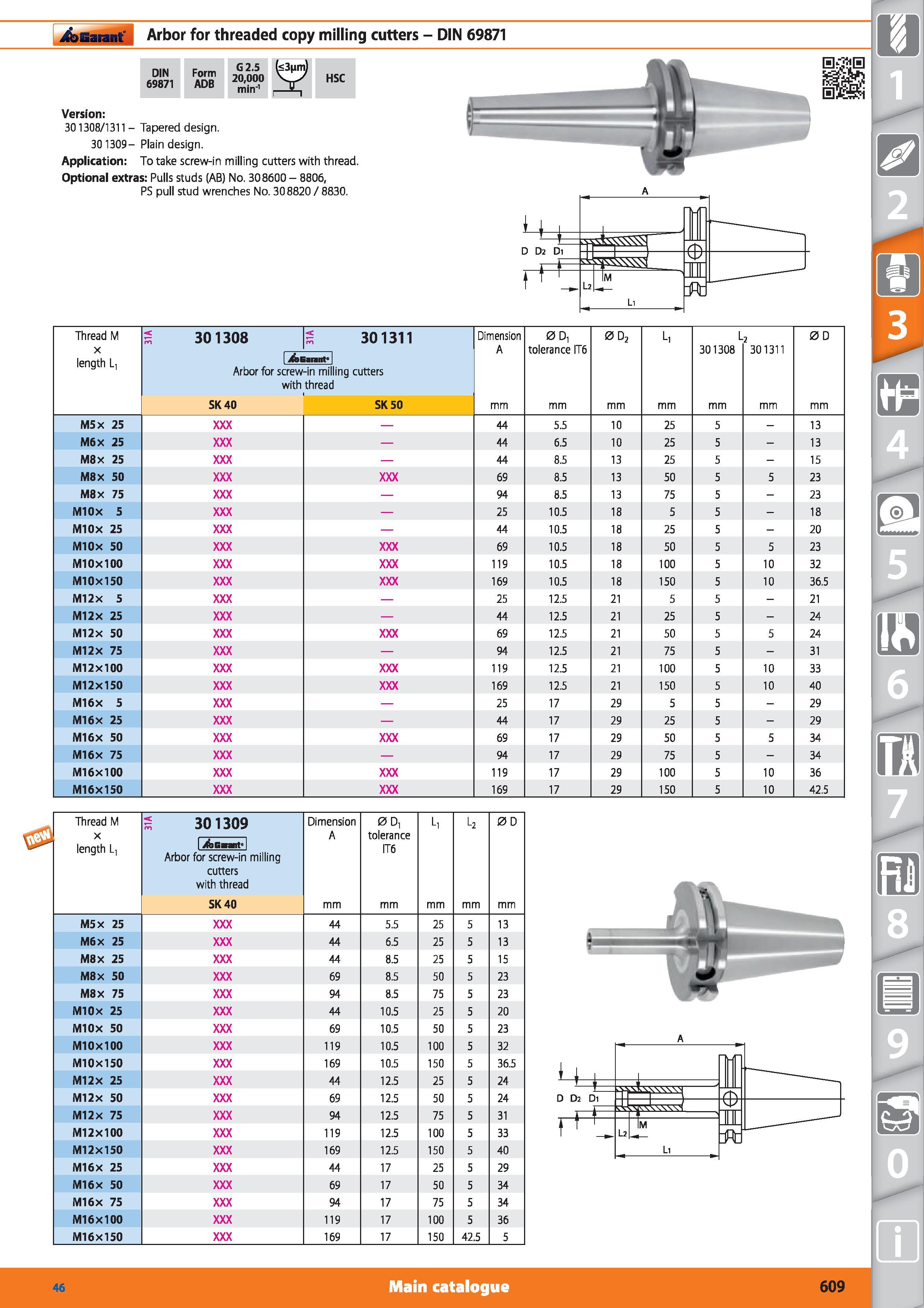 609 Garant Arbor for threaded copy milling cutters - DIN DIN 69871 Form ADB G 2 5 20,000 min'1 HSC Version 301308/1311 - Tapered design 30 1309- Plai Каталог HOFFMANN GROUP 2015 Инструмент режущий слесарный измерительный абразивный Оборудование Комплексные поставки для промышленных предприятий Стр. 609 ENG