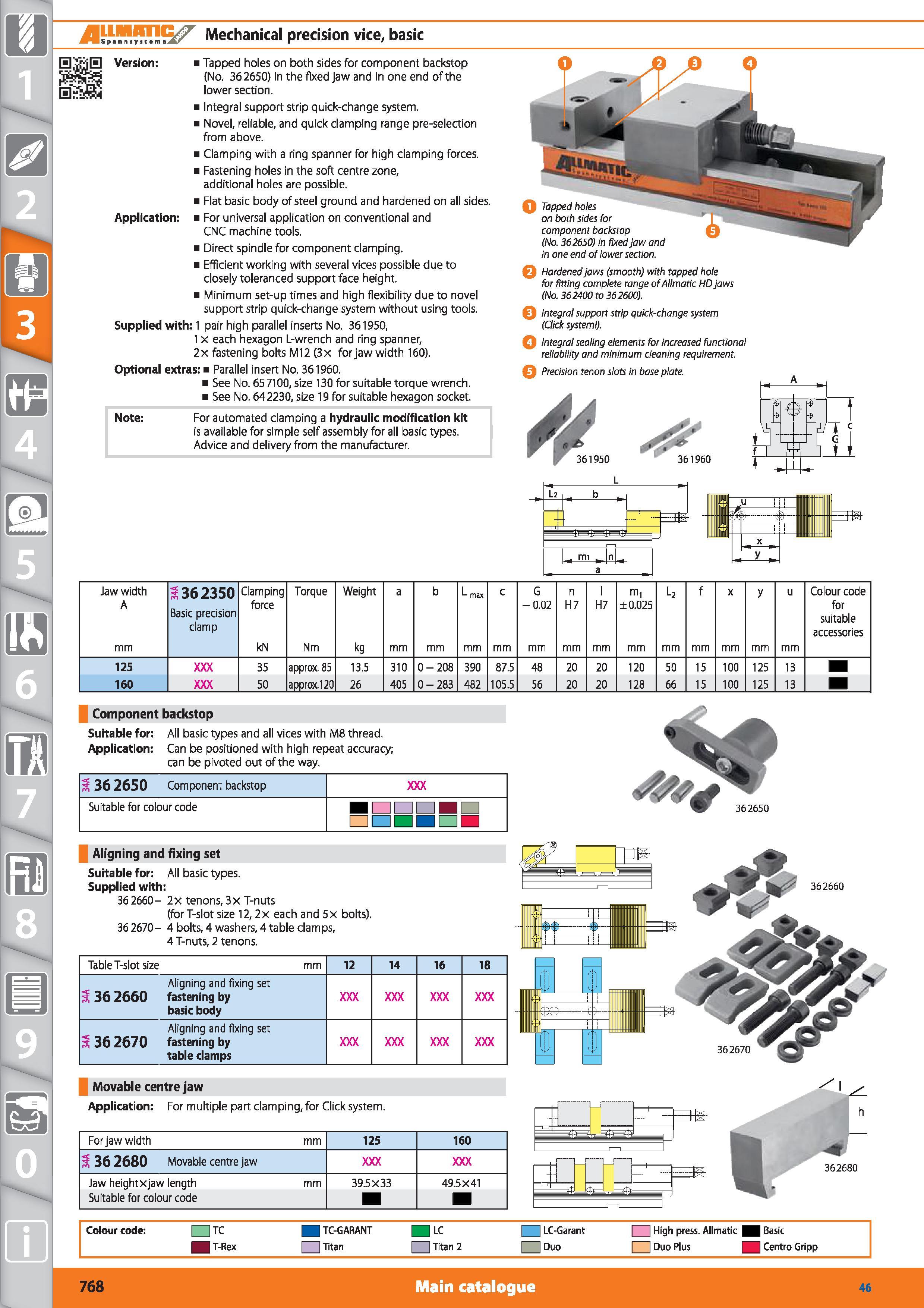 768 1 SF r„ m i Mechanical precision vice, basic Version Tapped holes on both sides for component backstop (No 362650) in the fixed jaw and in one en Каталог HOFFMANN GROUP 2015 Инструмент режущий слесарный измерительный абразивный Оборудование Комплексные поставки для промышленных предприятий Стр. 768 ENG