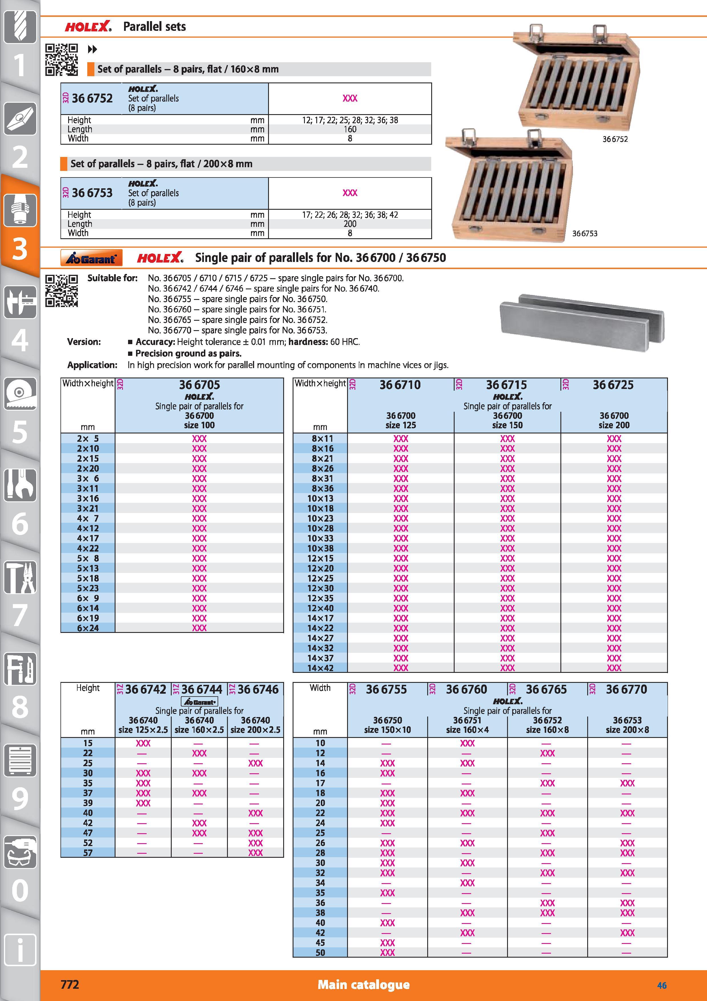 772 HOLEX Parallel sets >; Set of parallels - 8 pairs, flat / 160x8 mm s 36 6752 HOLEX Set of parallels (8 pairs) Height mm 12; 17; 22; 25; 28; 32; 3 Каталог HOFFMANN GROUP 2015 Инструмент режущий слесарный измерительный абразивный Оборудование Комплексные поставки для промышленных предприятий Стр. 772 ENG
