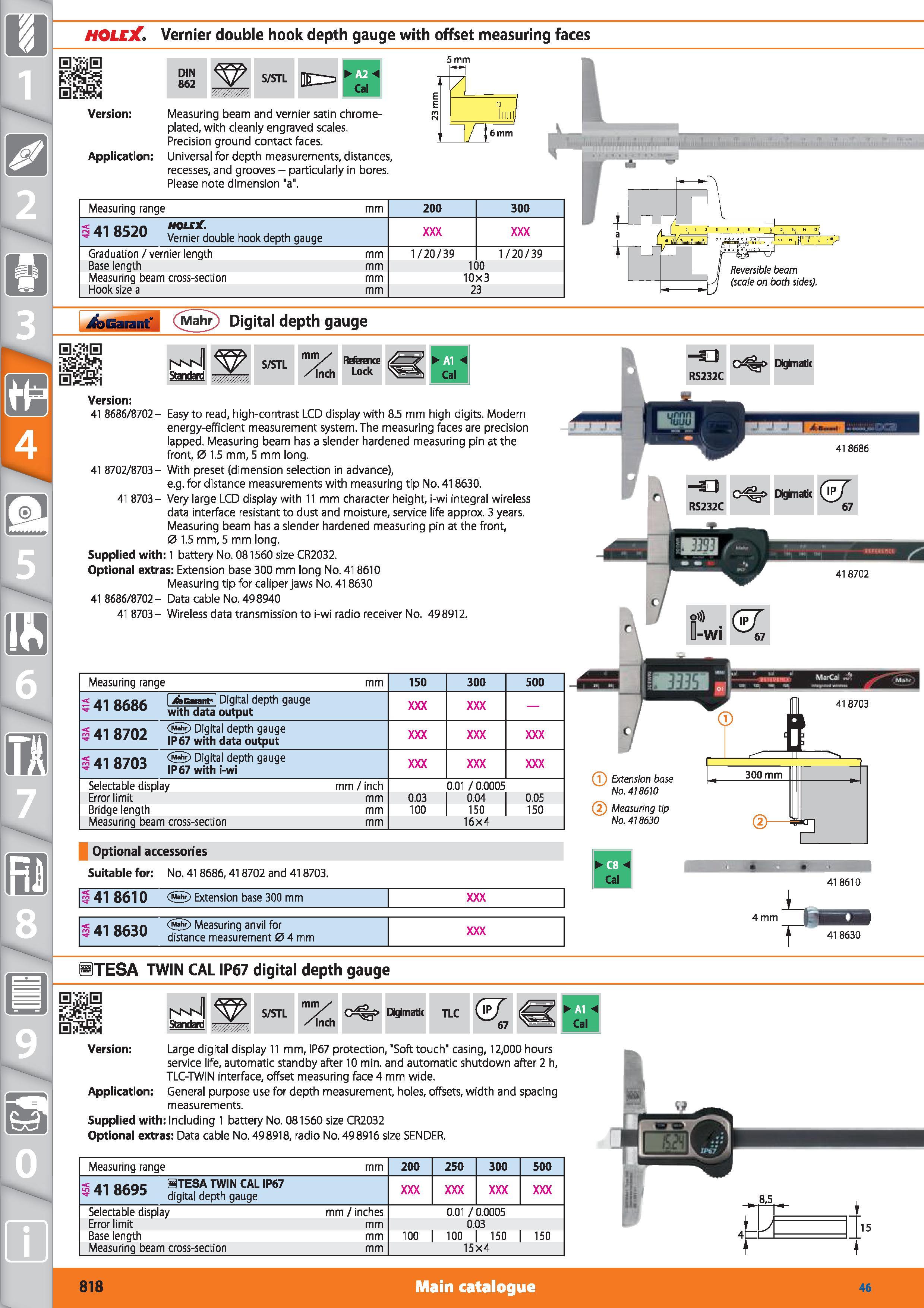 818 HOLEX Vernier double hook depth gauge with offset measuring faces DIN 862 S/STL (ll> 3 B1 Cal 5 mm Version Application Measuring beam and vernier Каталог HOFFMANN GROUP 2015 Инструмент режущий слесарный измерительный абразивный Оборудование Комплексные поставки для промышленных предприятий Стр. 818 ENG