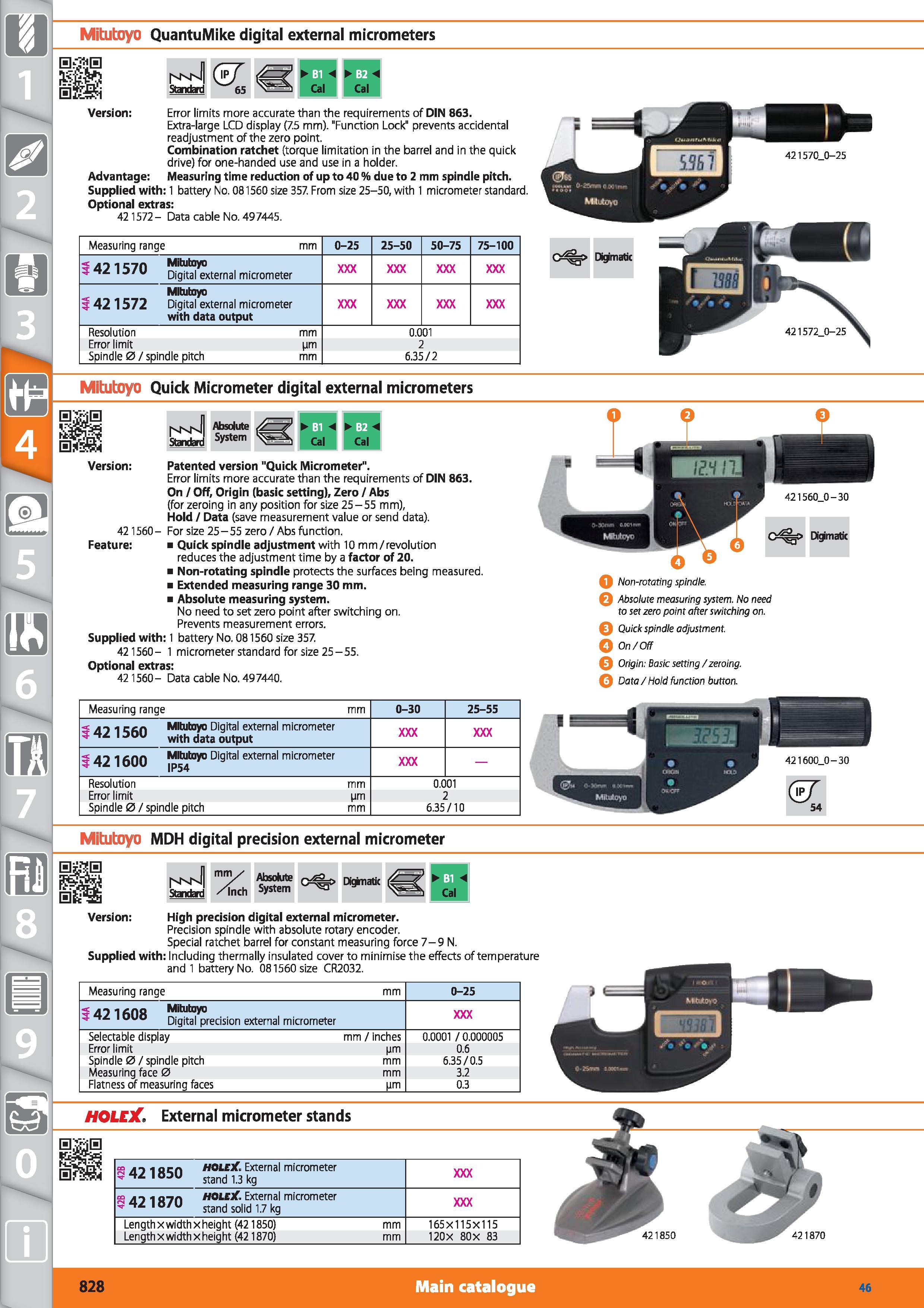 828 1 Mitutoyo QuantuMike digital external micrometers hMvfl (vj' Standard 65 D Cal Version Error limits more accurate than the requirements of DIN 8 Каталог HOFFMANN GROUP 2015 Инструмент режущий слесарный измерительный абразивный Оборудование Комплексные поставки для промышленных предприятий Стр. 828 ENG