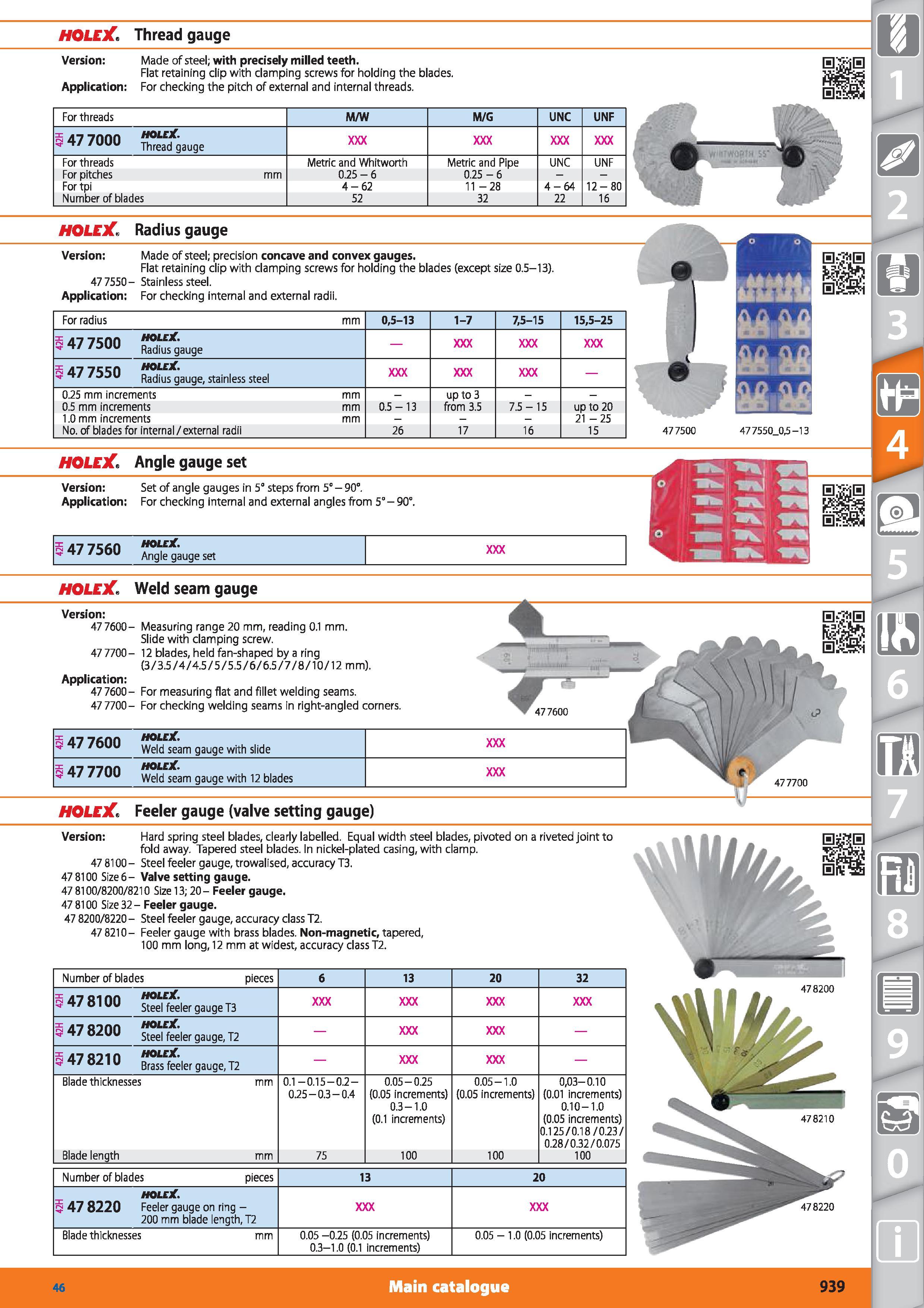 939 HOLEX Thread gauge Version Made of steel; with precisely milled teeth Flat retaining clip with clamping screws for holding the blades Application Каталог HOFFMANN GROUP 2015 Инструмент режущий слесарный измерительный абразивный Оборудование Комплексные поставки для промышленных предприятий Стр. 939 ENG
