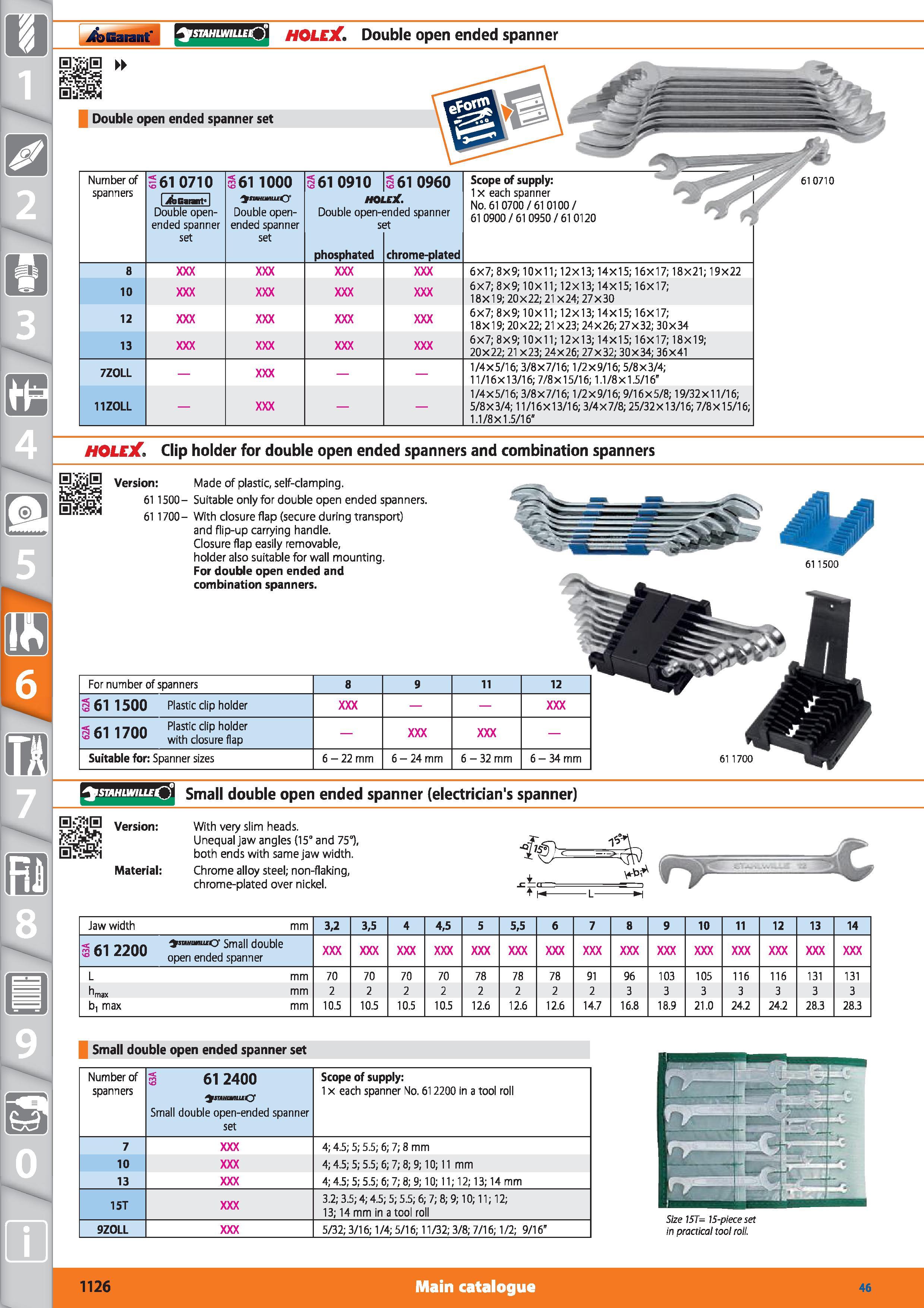 1126 1 ifelSaiaitt‘ istahlwilleQ HOLEX Double open ended spanner Double open ended spanner set Number of spanners 161 0710 1 ifeGamt I Double open-end Каталог HOFFMANN GROUP 2015 Инструмент режущий слесарный измерительный абразивный Оборудование Комплексные поставки для промышленных предприятий Стр. 1126 ENG