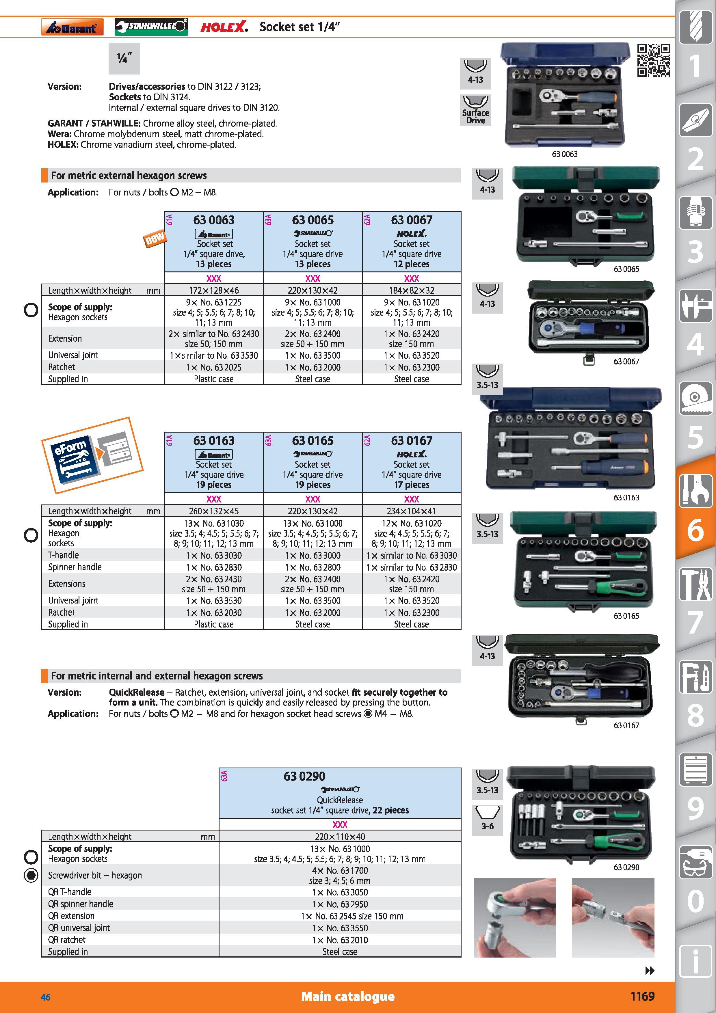 1169 rsnMiiHrucO HOLEX Socket set 1/4 Version Drives/accessories to DIN 3122 / 3123; Sockets to DIN 3124 Internal / external square drives to DIN 3120 Каталог HOFFMANN GROUP 2015 Инструмент режущий слесарный измерительный абразивный Оборудование Комплексные поставки для промышленных предприятий Стр. 1169 ENG