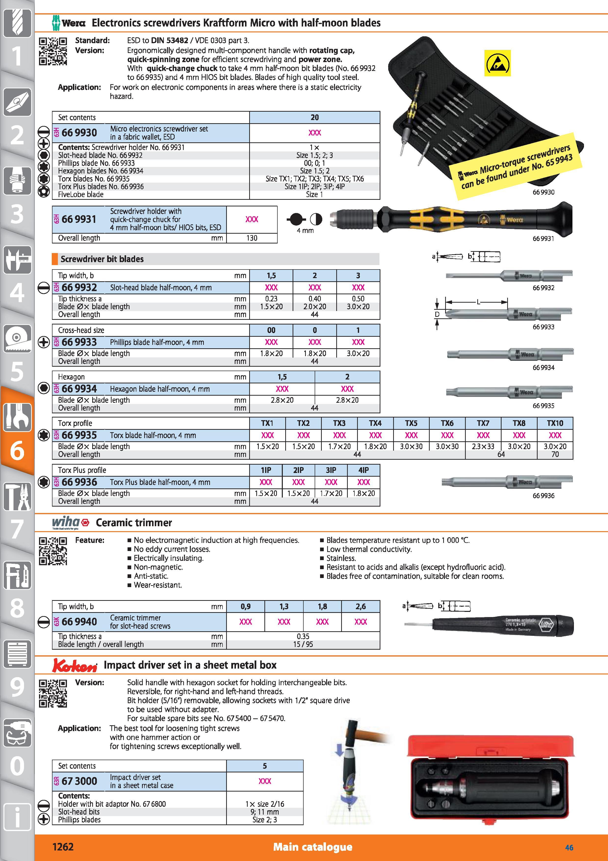 1262 Wera Electronics screwdrivers Kraftform Micro with half-moon blades Standard ESD to DIN 53482 / VDE 0303 part 3 Version Ergonomically designed mu Каталог HOFFMANN GROUP 2015 Инструмент режущий слесарный измерительный абразивный Оборудование Комплексные поставки для промышленных предприятий Стр. 1262 ENG