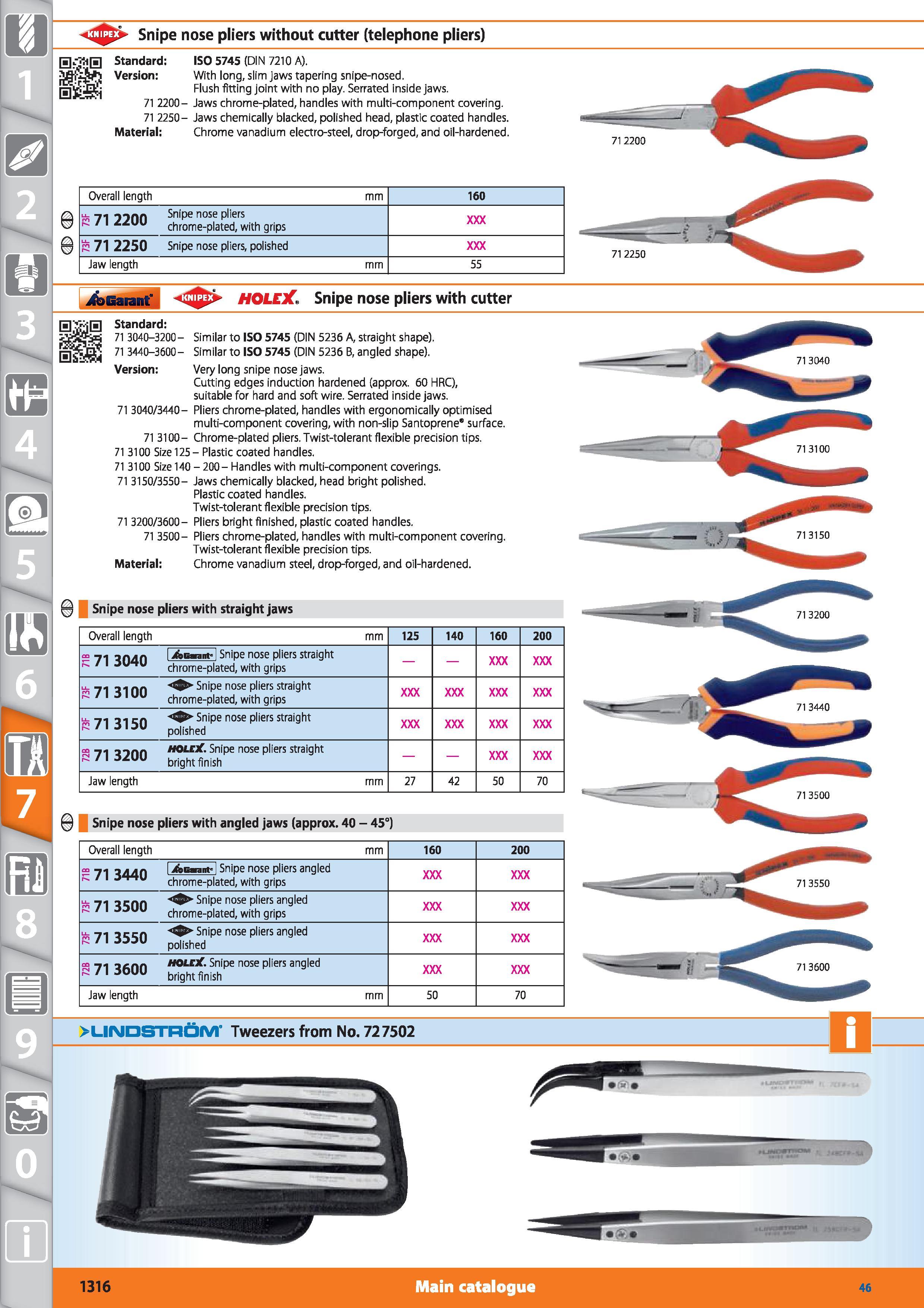 1316 <3 > Snipe nose pliers without cutter (telephone pliers) Standard ISO 5745 (DI N 7210 A) Version With long, slim jaws tapering snipe-nosed Flush Каталог HOFFMANN GROUP 2015 Инструмент режущий слесарный измерительный абразивный Оборудование Комплексные поставки для промышленных предприятий Стр. 1316 ENG
