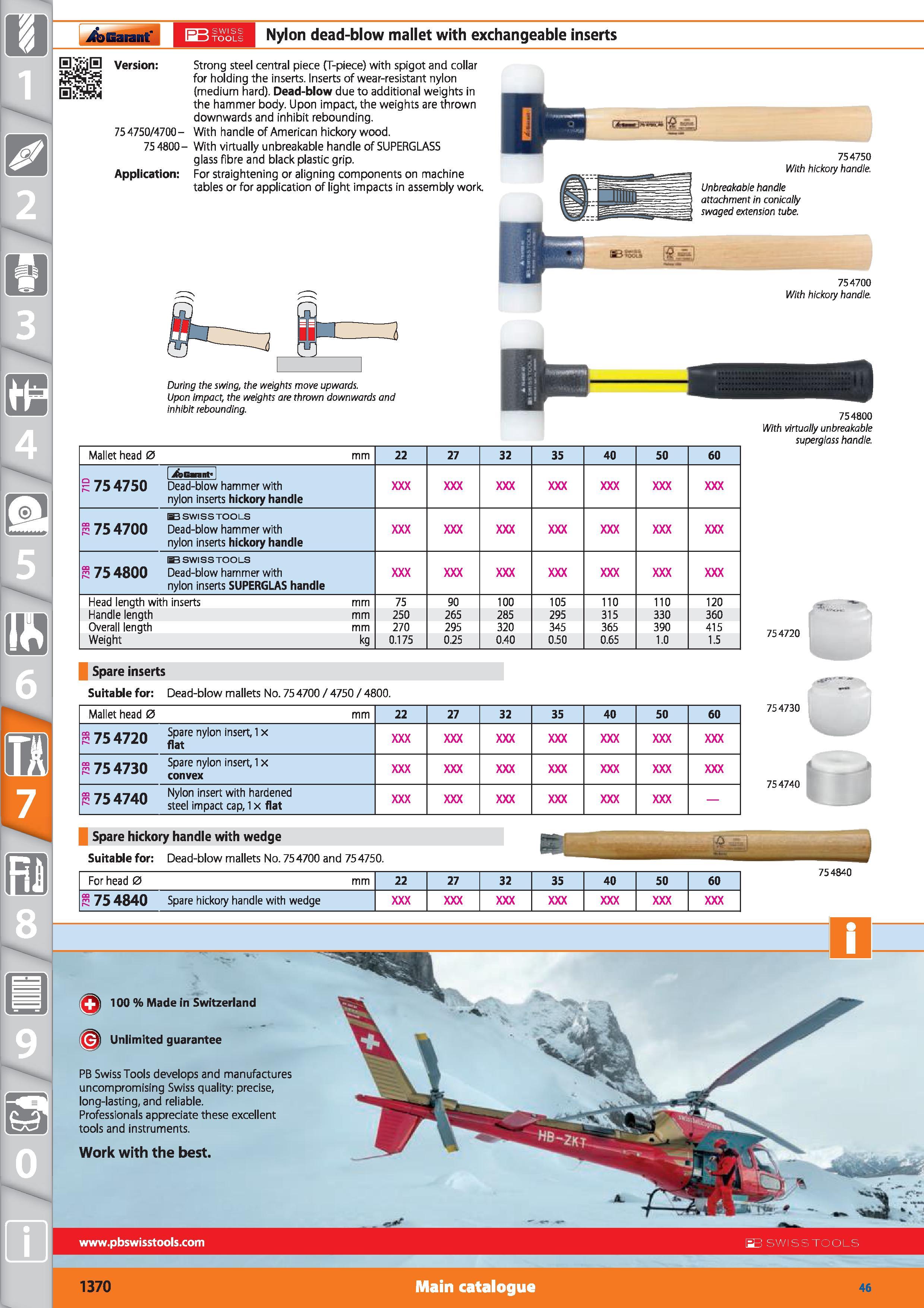 1370 Garant ig > swiss IO TOOLS Nylon dead-blow mallet with exchangeable inserts Version 754750/4700-75 4800- Application Strong steel central piece ( Каталог HOFFMANN GROUP 2015 Инструмент режущий слесарный измерительный абразивный Оборудование Комплексные поставки для промышленных предприятий Стр. 1370 ENG