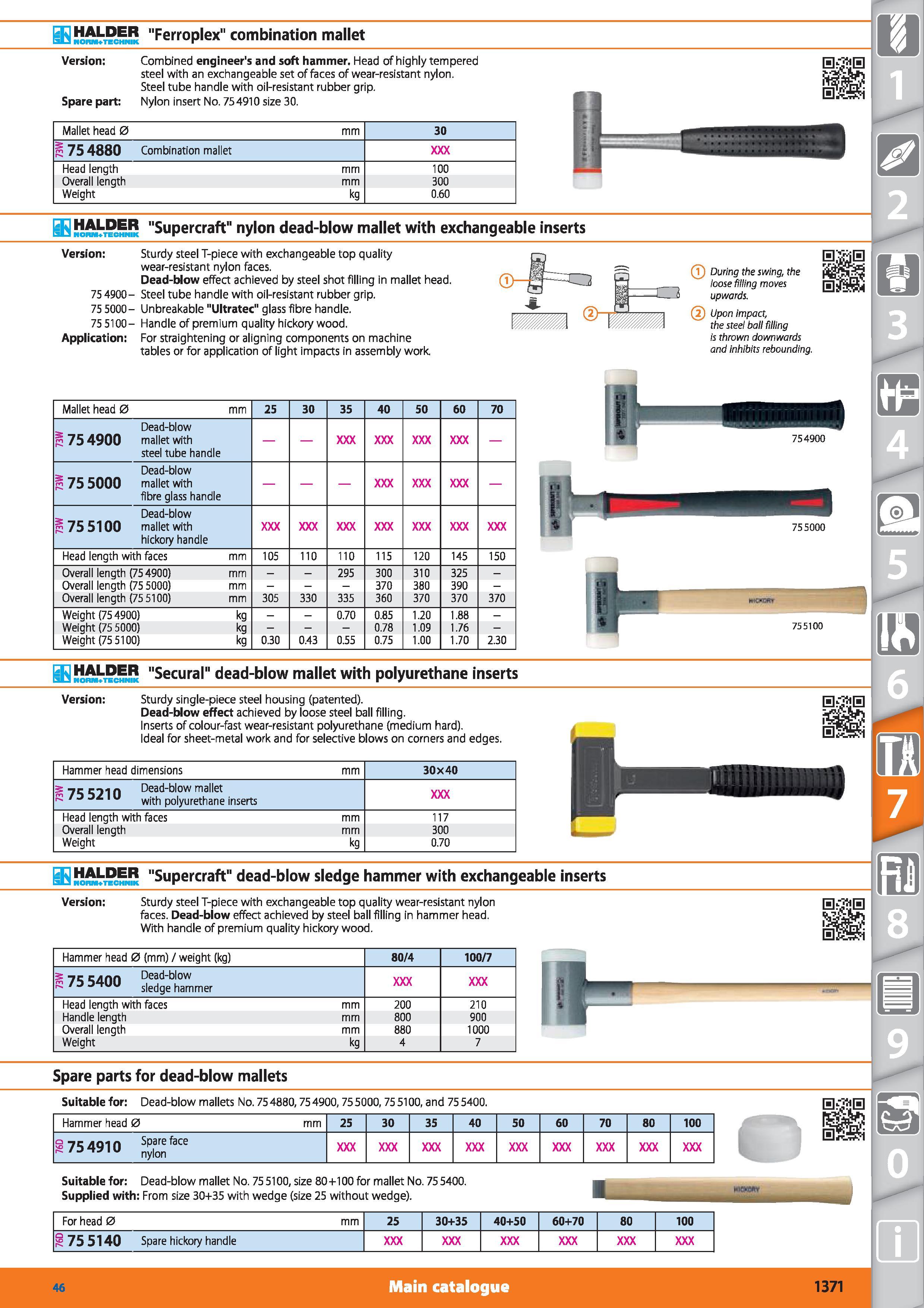 1371 HALDER Ferroplex combination mallet Version Combined engineer's and soft hammer Head of highly tempered steel with an exchangeable set of faces o Каталог HOFFMANN GROUP 2015 Инструмент режущий слесарный измерительный абразивный Оборудование Комплексные поставки для промышленных предприятий Стр. 1371 ENG