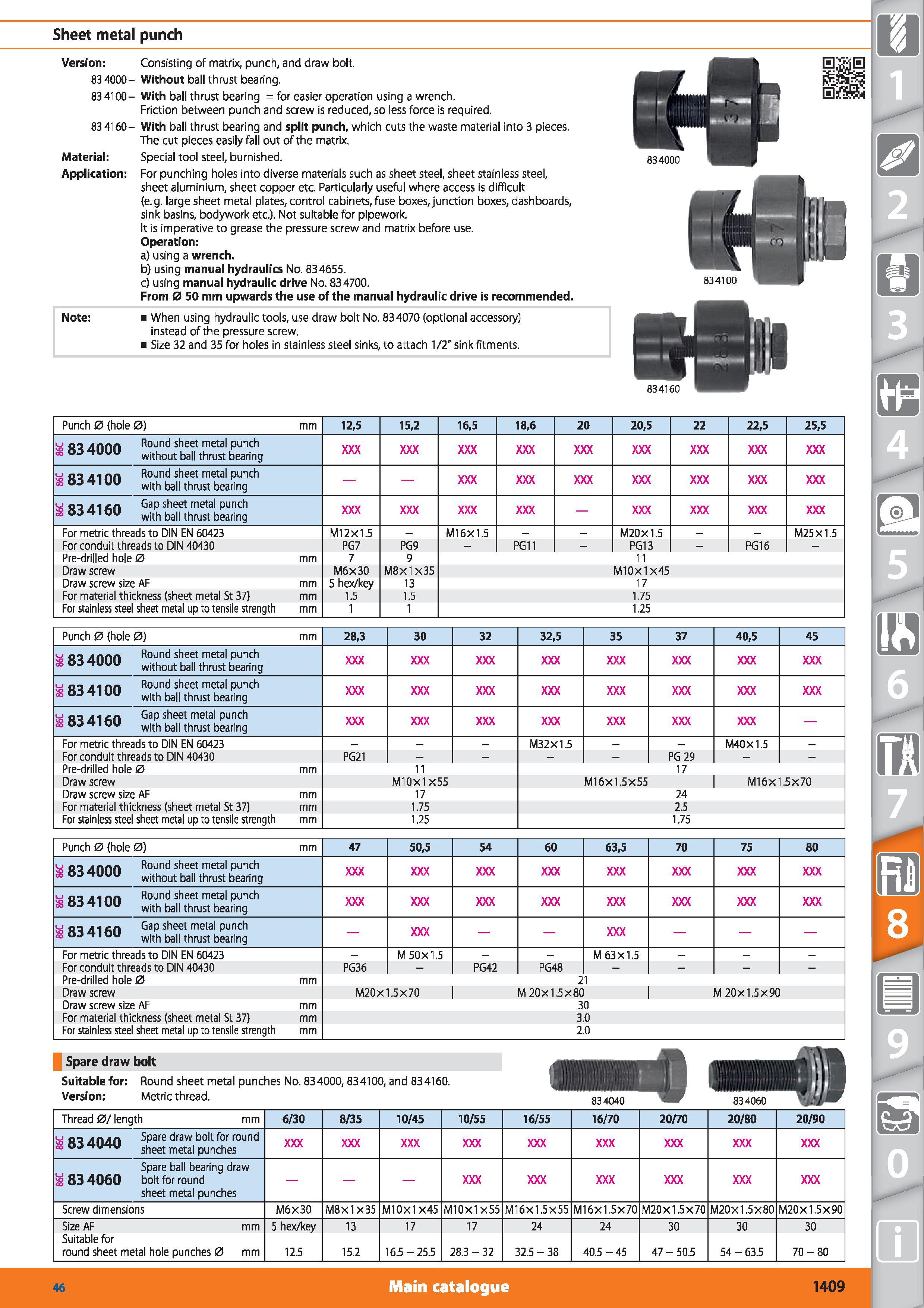 1409 Sheet metal punch Version Consisting of matrix, punch, and draw bolt 83 4000- Without ball thrust bearing 83 4100- With ball thrust bearing for e Каталог HOFFMANN GROUP 2015 Инструмент режущий слесарный измерительный абразивный Оборудование Комплексные поставки для промышленных предприятий Стр. 1409 ENG