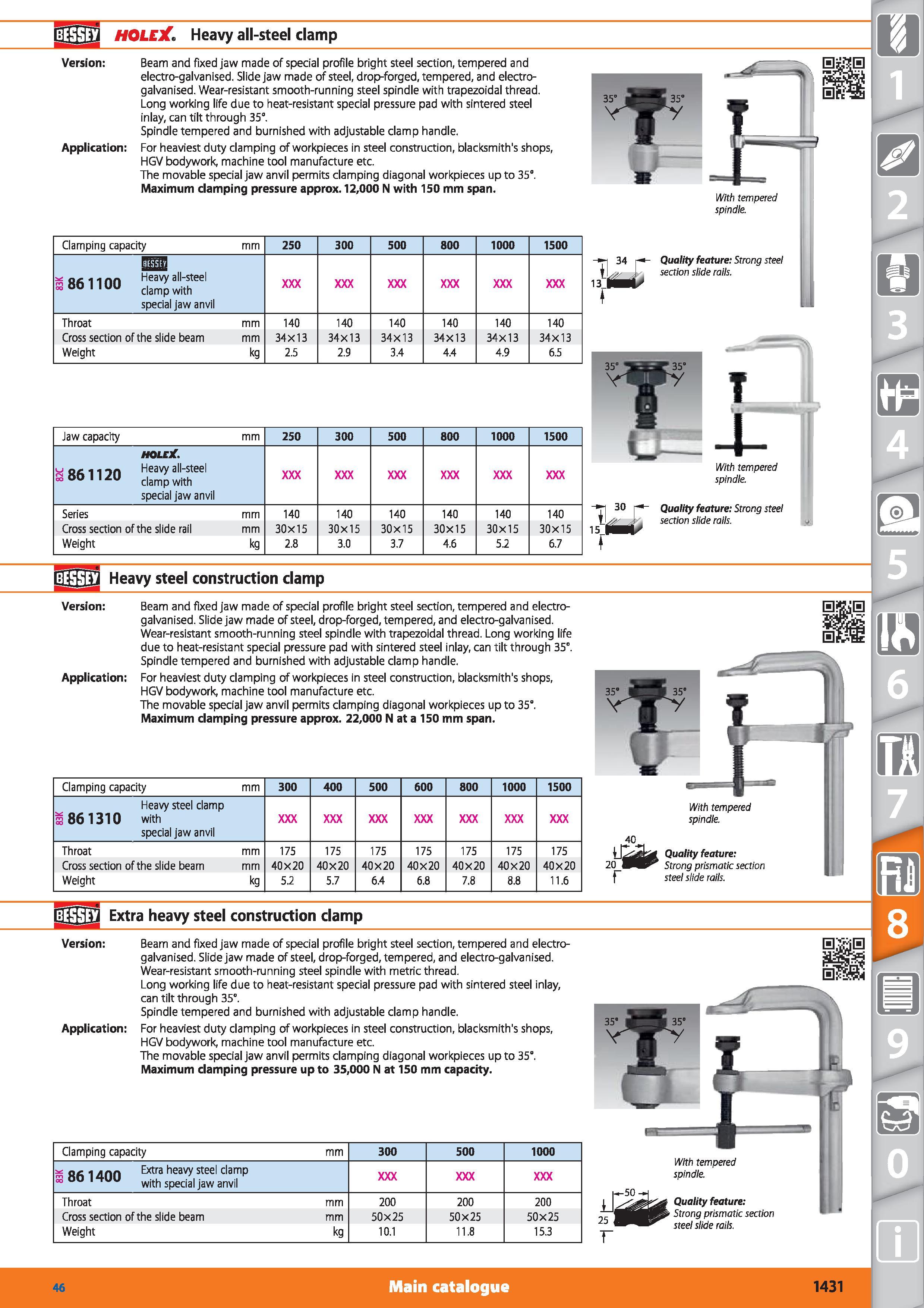 1431 E jJ HOLEX Heavy all-steel clamp Version Beam and fixed jaw made of special profile bright steel section, tempered and electro-galvanised Slide j Каталог HOFFMANN GROUP 2015 Инструмент режущий слесарный измерительный абразивный Оборудование Комплексные поставки для промышленных предприятий Стр. 1431 ENG