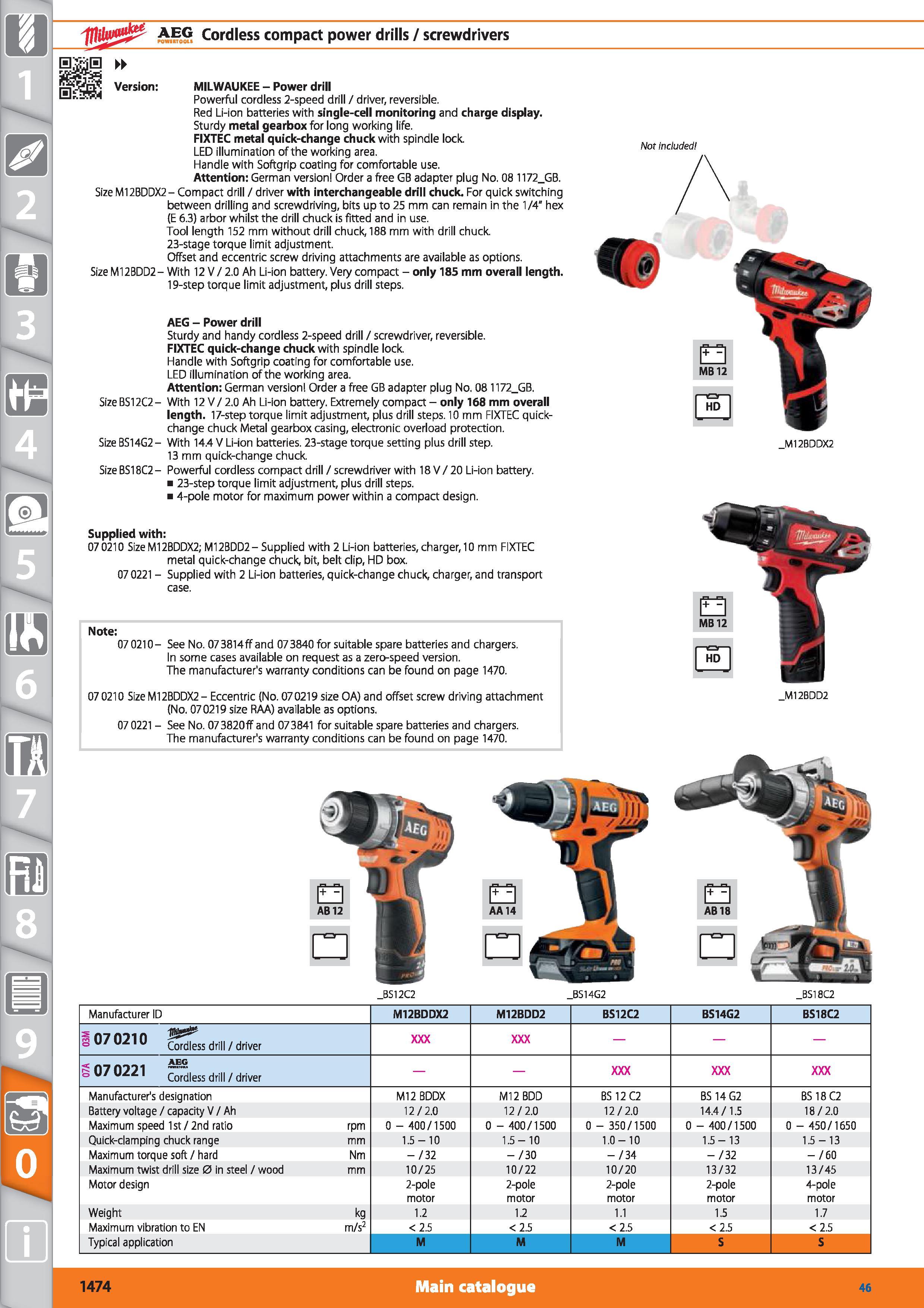 1474 AEG Cordless compact power drills / screwdrivers Version MILWAUKEE - Power drill Powerful cordless 2-speed drill / driver, reversible Red Li-ion Каталог HOFFMANN GROUP 2015 Инструмент режущий слесарный измерительный абразивный Оборудование Комплексные поставки для промышленных предприятий Стр. 1474 ENG