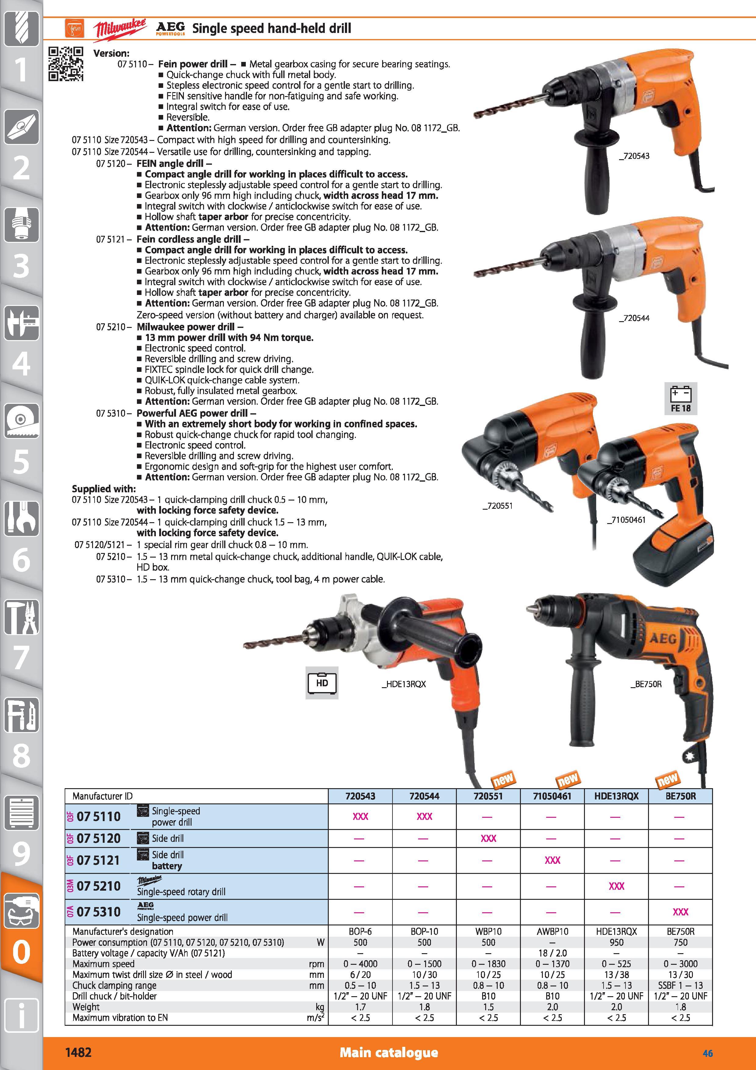 1482 1 AEG Single speed hand-held drill m fl m Version 075110- Fein power drill - Metal gearbox casing for secure bearing seatings Quick-change chuck Каталог HOFFMANN GROUP 2015 Инструмент режущий слесарный измерительный абразивный Оборудование Комплексные поставки для промышленных предприятий Стр. 1482 ENG