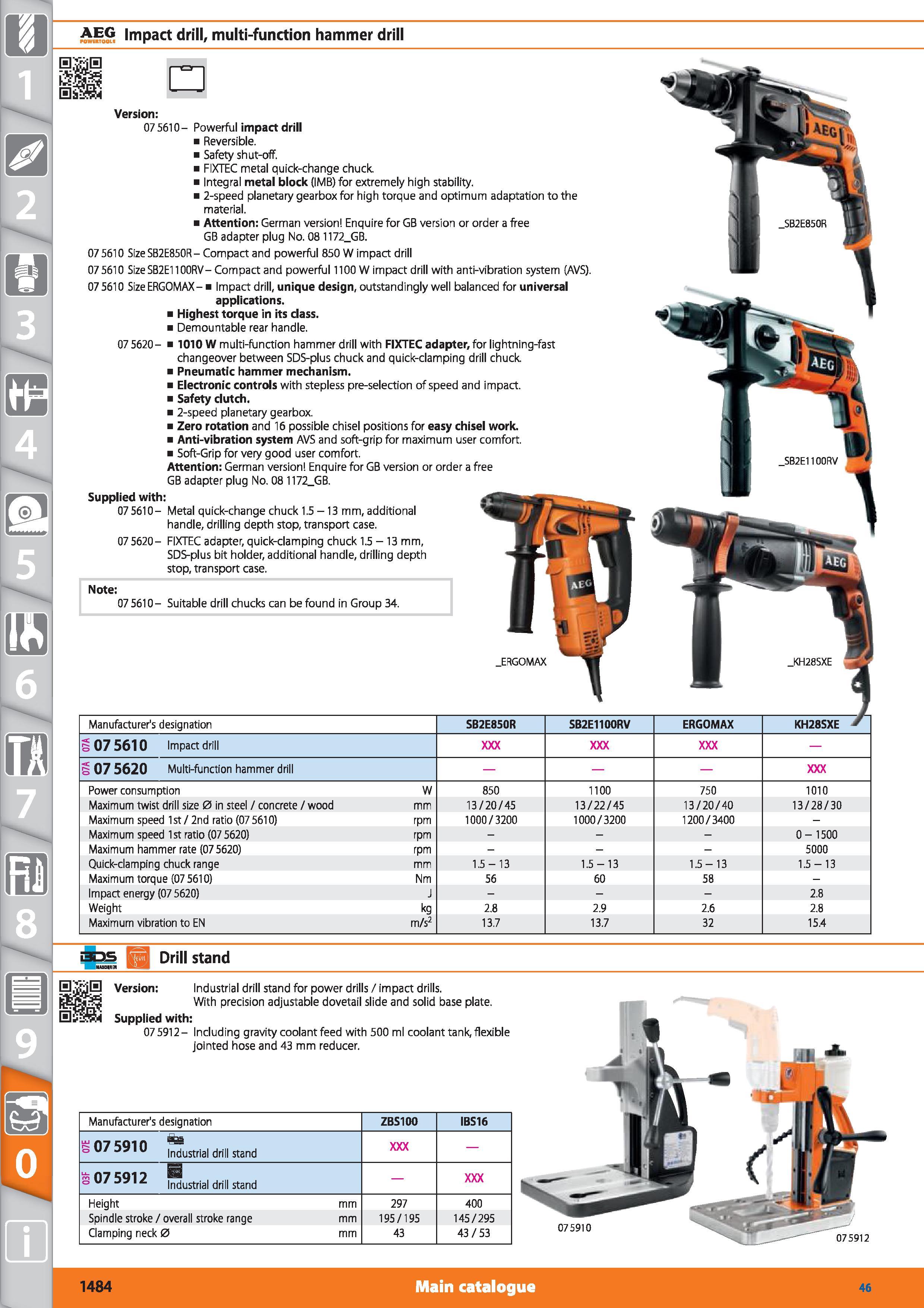 1484 AEG impact drill, multi-function hammer drill Version 075610- Powerful impact drill Reversible Safety shut-off FIXTEC metal quick-change chuck In Каталог HOFFMANN GROUP 2015 Инструмент режущий слесарный измерительный абразивный Оборудование Комплексные поставки для промышленных предприятий Стр. 1484 ENG