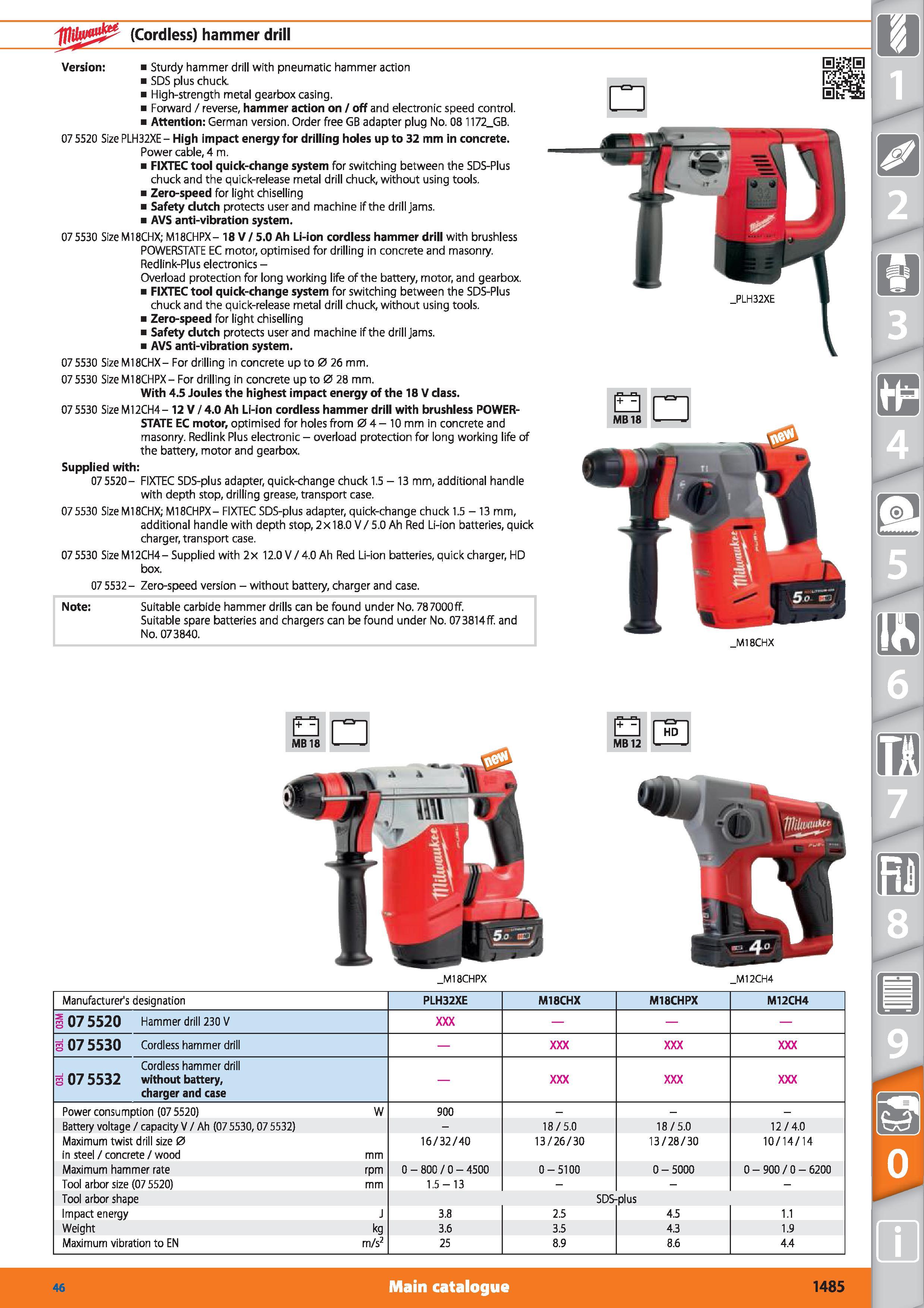 1485 (Cordless) hammer drill Version Sturdy hammer drill with pneumatic hammer action SDS plus chuck High-strength metal gearbox casing Forward / reve Каталог HOFFMANN GROUP 2015 Инструмент режущий слесарный измерительный абразивный Оборудование Комплексные поставки для промышленных предприятий Стр. 1485 ENG