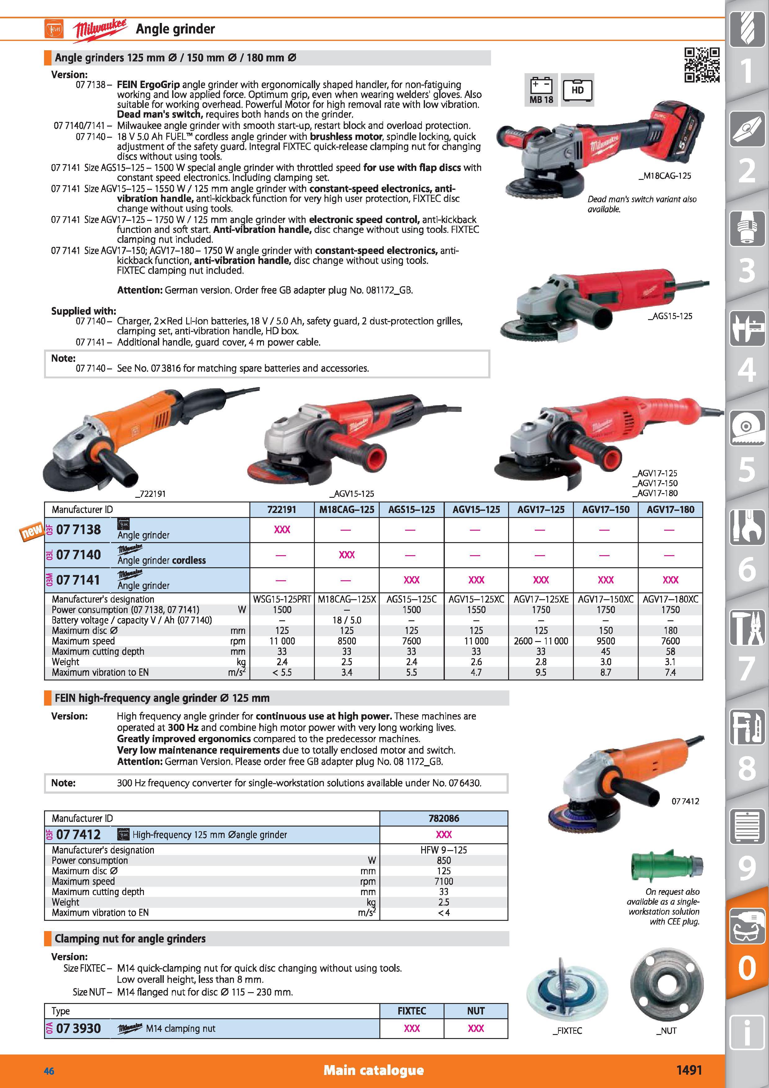 1491 ffljjg225 Angle grinder Angle grinders 125 mm 0 /150 mm 0 /180 mm 0 Version 07 7138- FEIN ErgoGrip angle grinder with ergonomically shaped handle Каталог HOFFMANN GROUP 2015 Инструмент режущий слесарный измерительный абразивный Оборудование Комплексные поставки для промышленных предприятий Стр. 1491 ENG