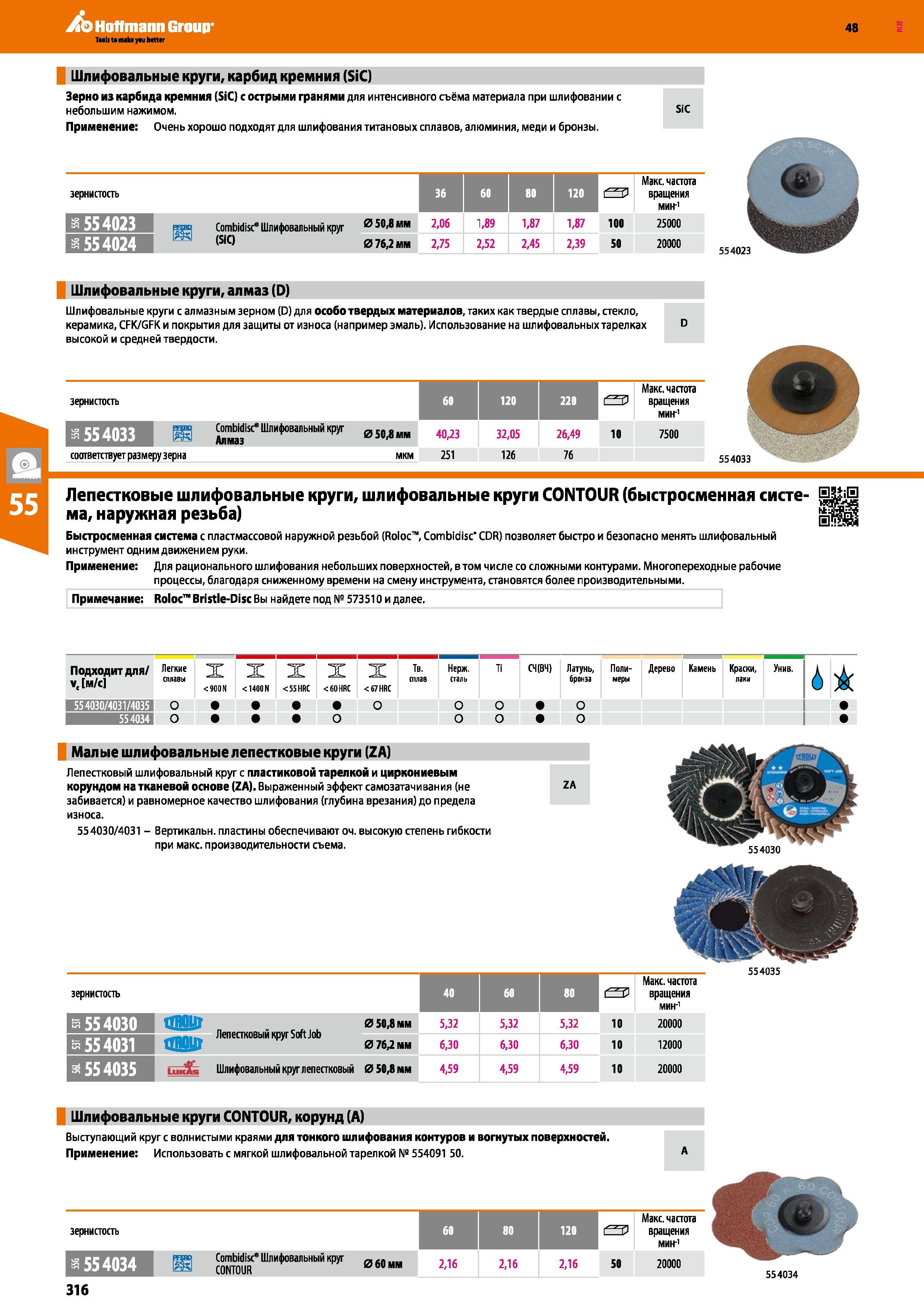316 Шлифовальные круги Зерно из карбида кремния (SiC) с острыми гранями для интенсивного съёма материала при шлифовании с небольшим нажимом П Каталог HOFFMANN GROUP 2017 Ручной слесарно-монтажный и контрольно-измерительный инструмент для производственных предприятиий и служб сервиса Инвентарь Стр. 316