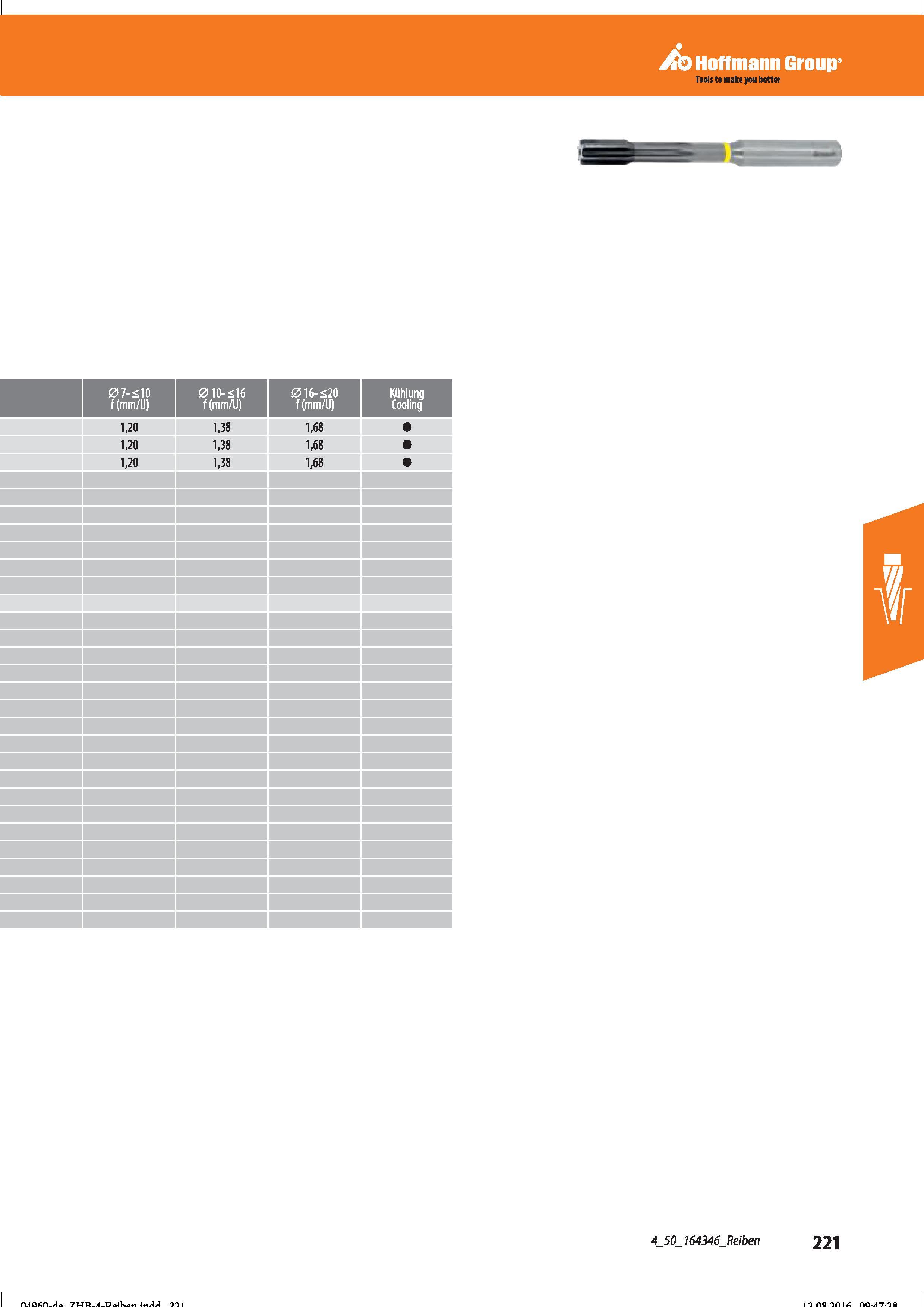 233 Hoffmann Group Tools to make you better Reiben Справочник HOFFMANN GROUP 2016 Рекомендуемые режимы резания для режущего инструмента при механической обработке на металлорежущих промышленных станках и центрах с ЧПУ Стр. 221