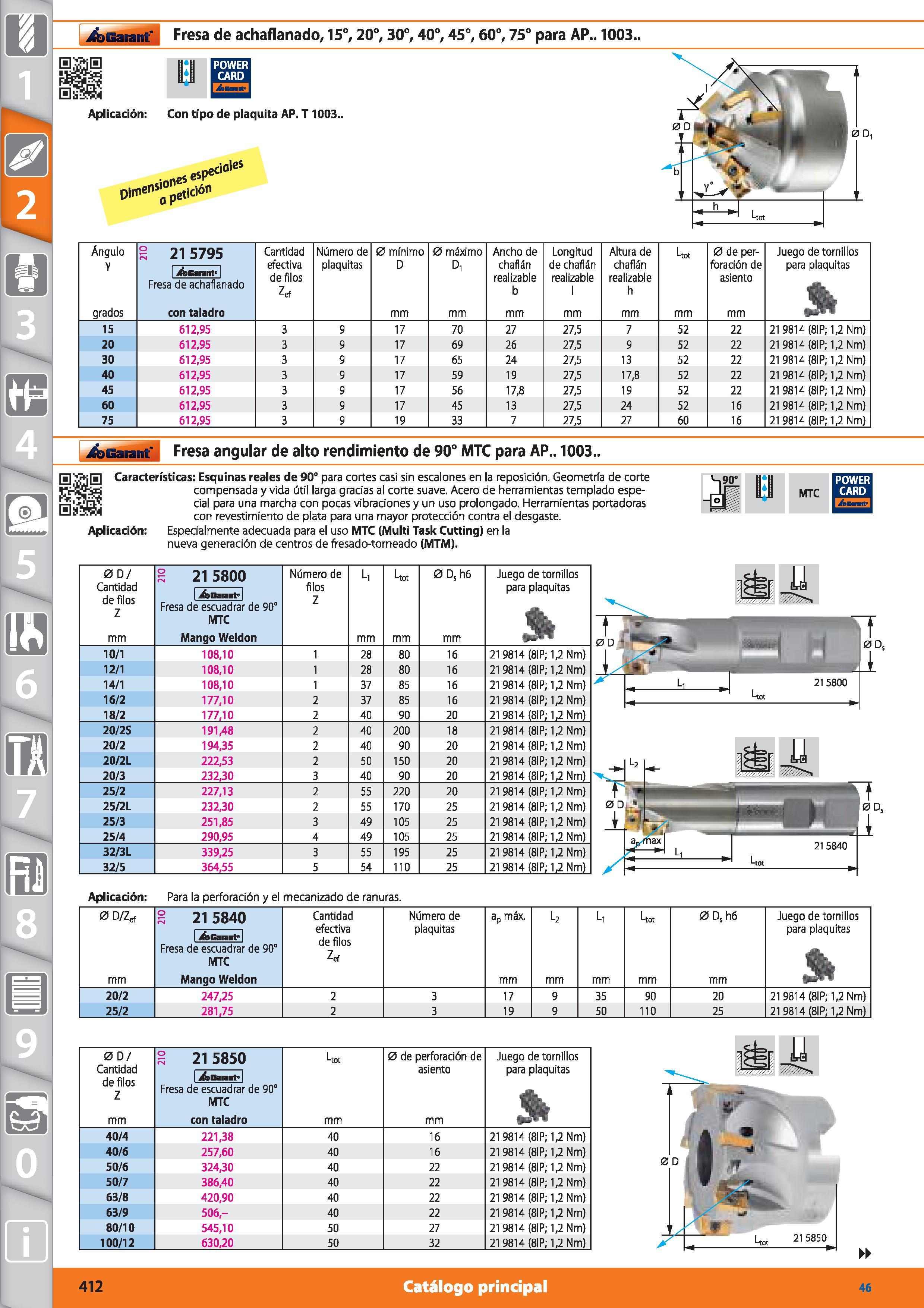 412 Garant Fresa de achaflanado, 15°, 20°, 30°, 40°, 45°, 60°, 75° para AP 1003 O I POWER y CARD Aplicación: Con tipo de plaquita AP T 1003 CÍ0leS Di Каталог HOFFMANN GROUP 2015 Инструмент режущий слесарный измерительный абразивный Оборудование Комплексные поставки для промышленных предприятий Стр. 412 SPA