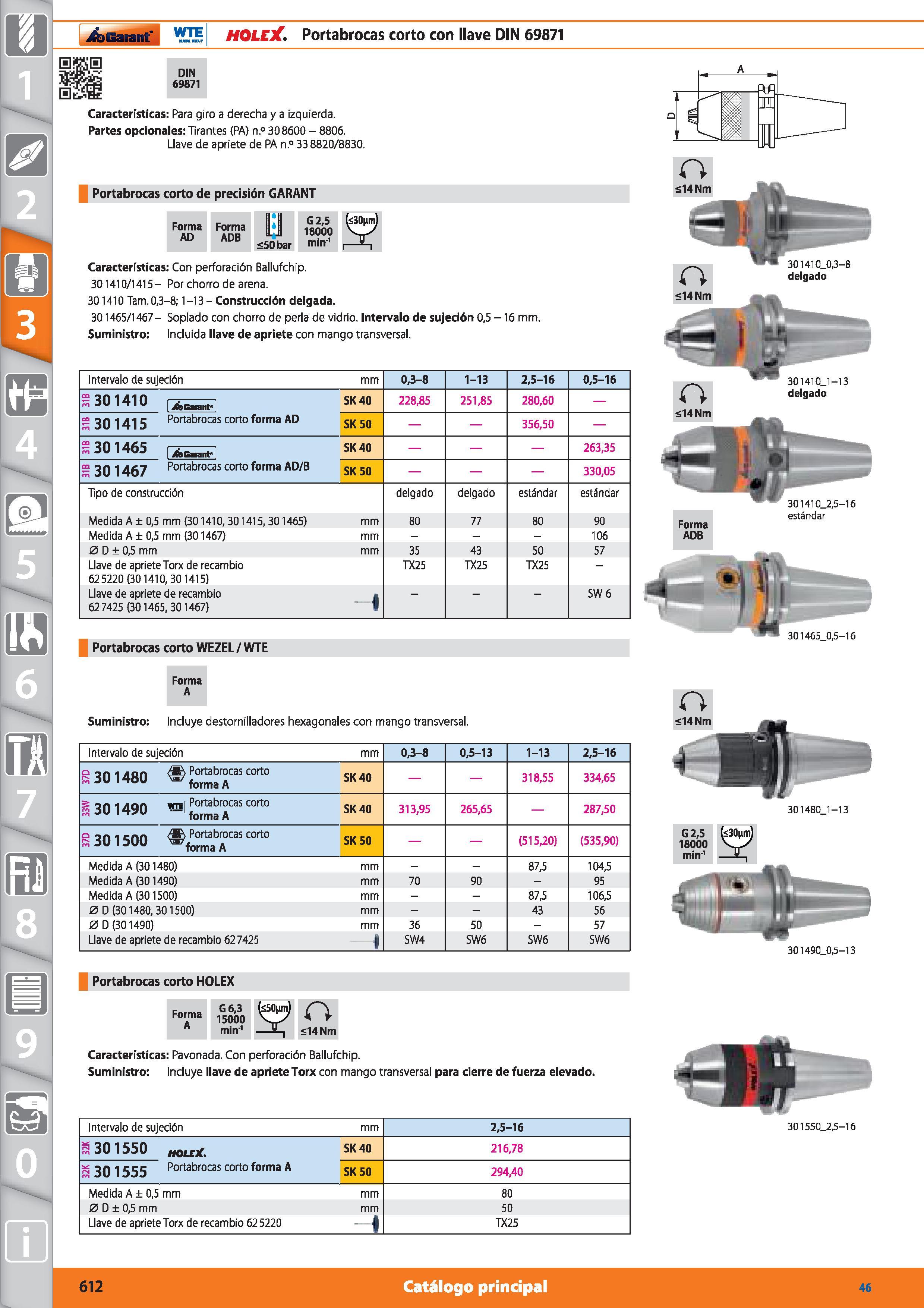 612 Garant WTE HOLEX Portabrocas corto con llave DIN 69871 DIN 69871 Características: Para giro a derecha y a izquierda Partes opcionales: Tirantes ( Каталог HOFFMANN GROUP 2015 Инструмент режущий слесарный измерительный абразивный Оборудование Комплексные поставки для промышленных предприятий Стр. 612 SPA