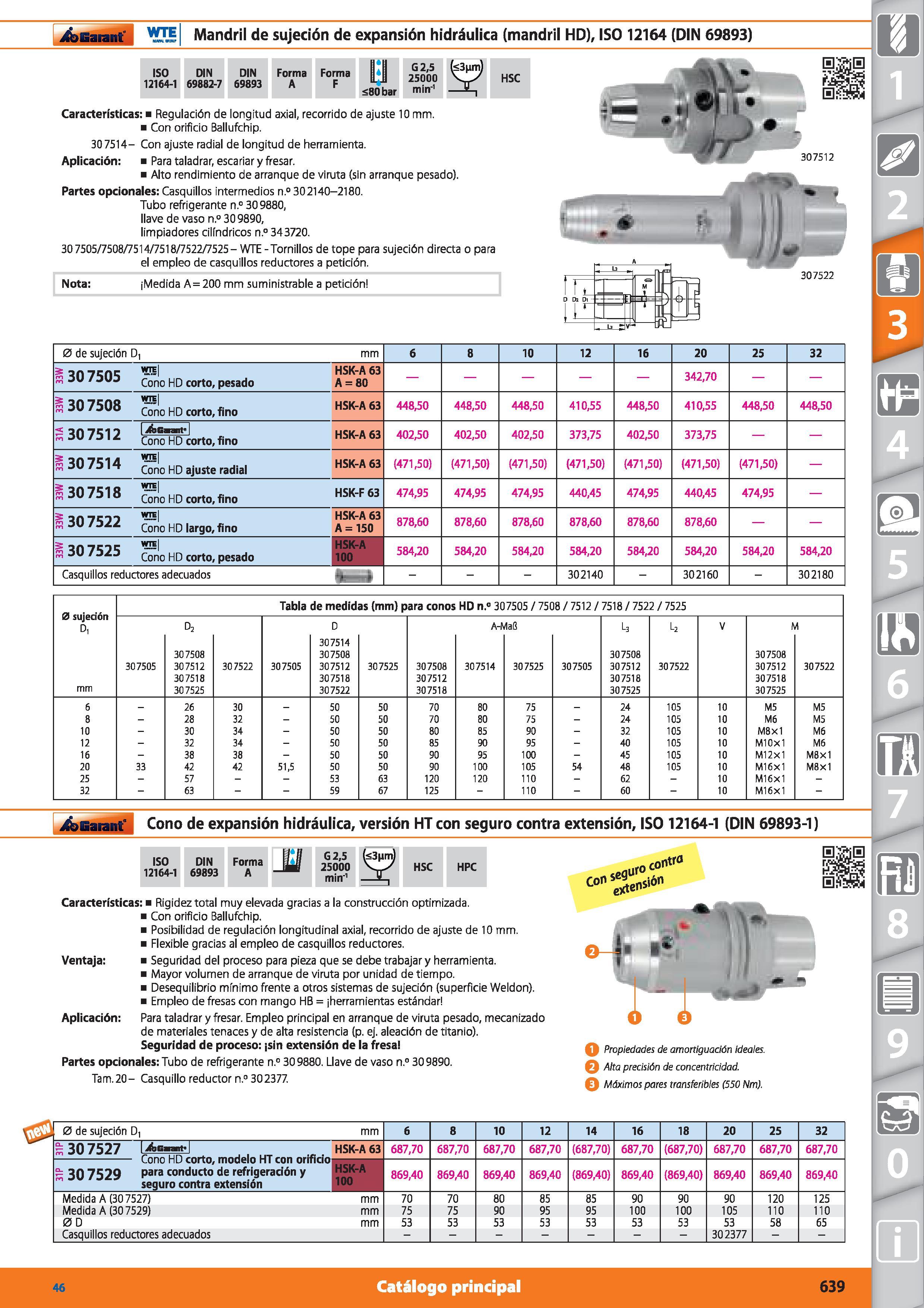 639 Nota: ¡Medida A = 200 mm suministrable a petición J&Garant WTE Mandril de sujeción de expansión hidráulica (mandril HD), ISO 12164 (DIN 69893) IS Каталог HOFFMANN GROUP 2015 Инструмент режущий слесарный измерительный абразивный Оборудование Комплексные поставки для промышленных предприятий Стр. 639 SPA