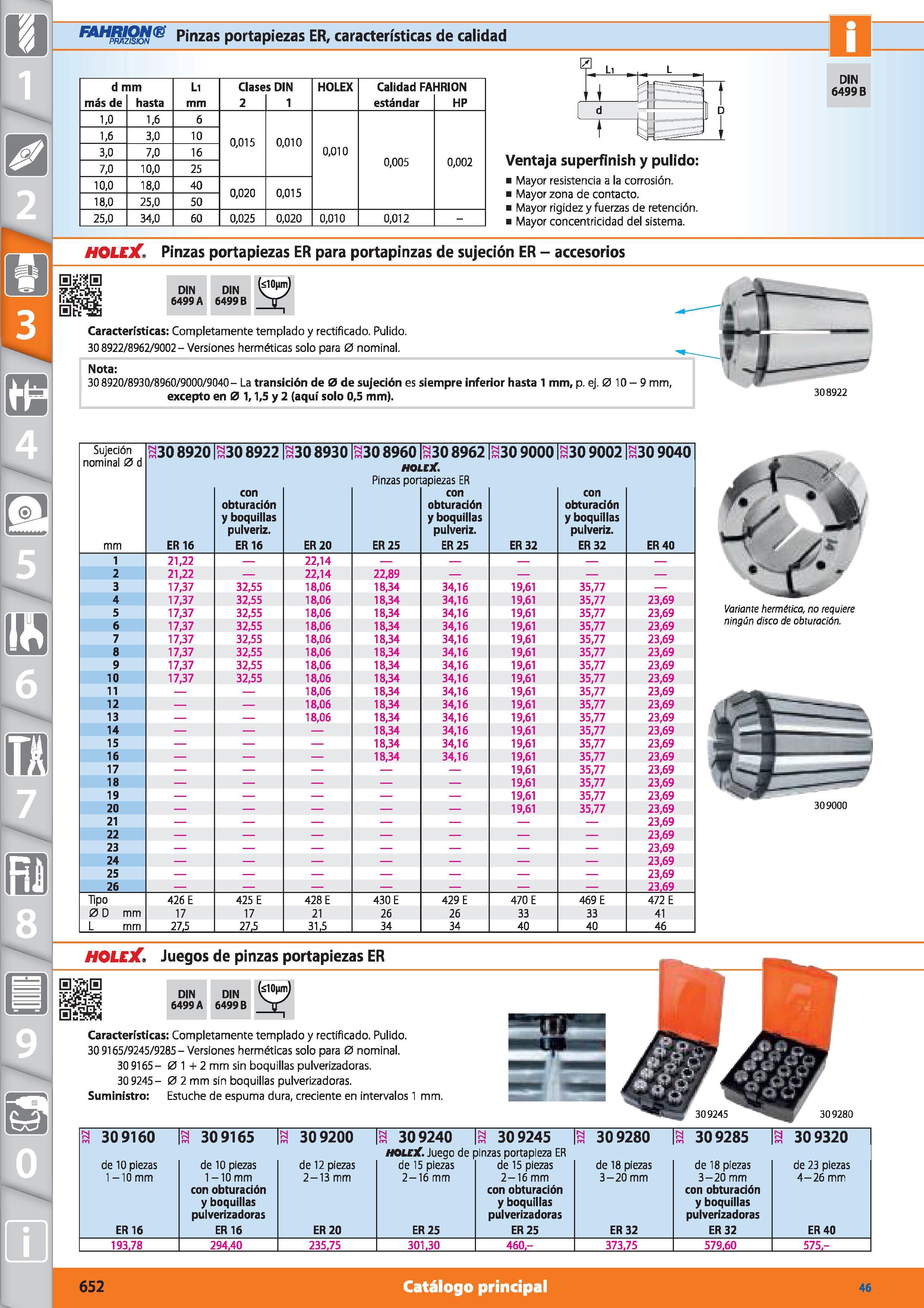 652 m 1 Pinzas portapiezas ER, características de calidad d r más de nm hasta Li mm Clase 2 s DIN 1 HOLEX Calidad FA estándar HRION HP 1,0 1,6 6 0,01 Каталог HOFFMANN GROUP 2015 Инструмент режущий слесарный измерительный абразивный Оборудование Комплексные поставки для промышленных предприятий Стр. 652 SPA