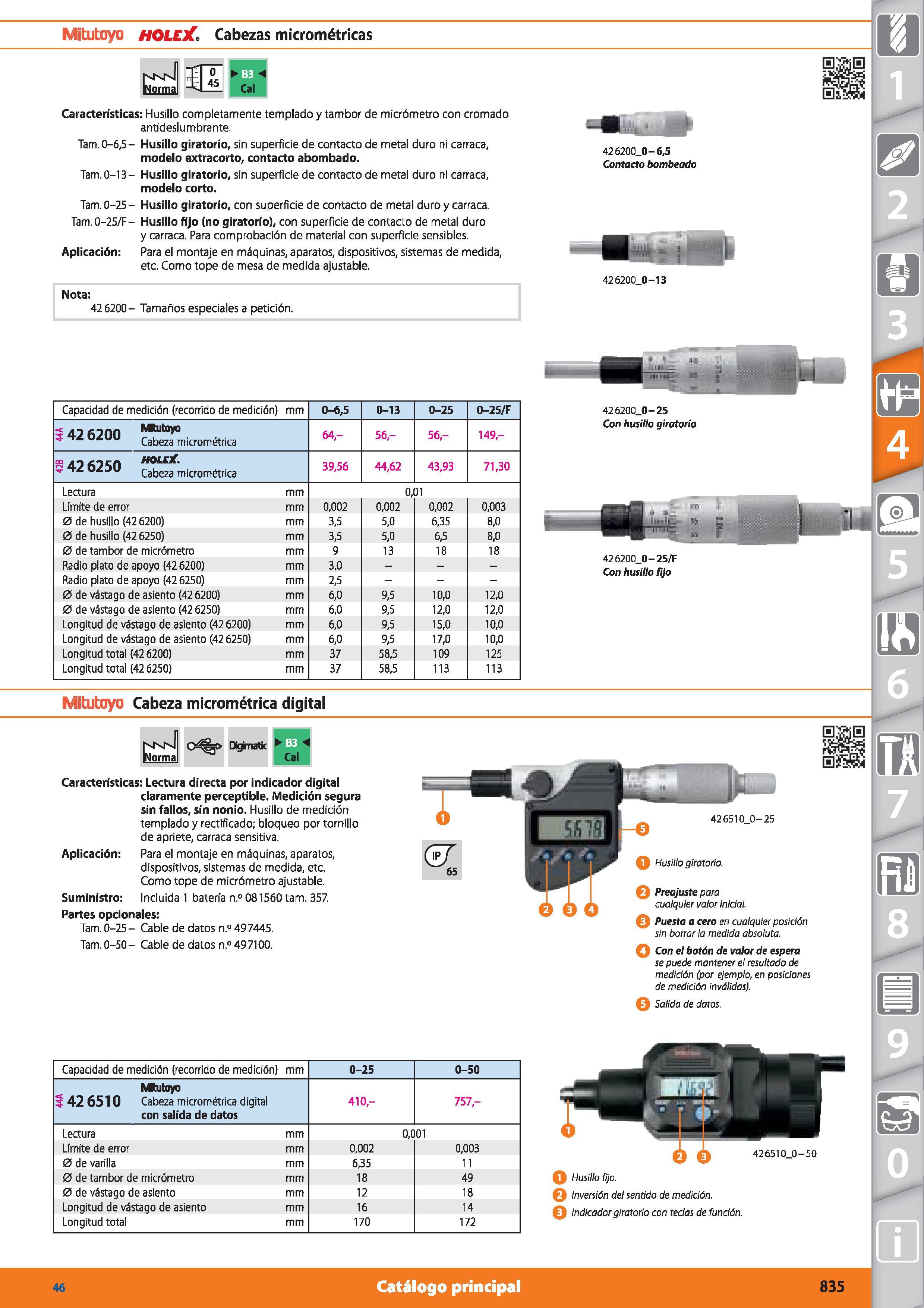 835 Mitutoyo HOLEX Cabezas micrométricas NNM Norma s 0 45 Características: Husillo completamente templado y tambor de micrómetro con cromado antidesl Каталог HOFFMANN GROUP 2015 Инструмент режущий слесарный измерительный абразивный Оборудование Комплексные поставки для промышленных предприятий Стр. 835 SPA