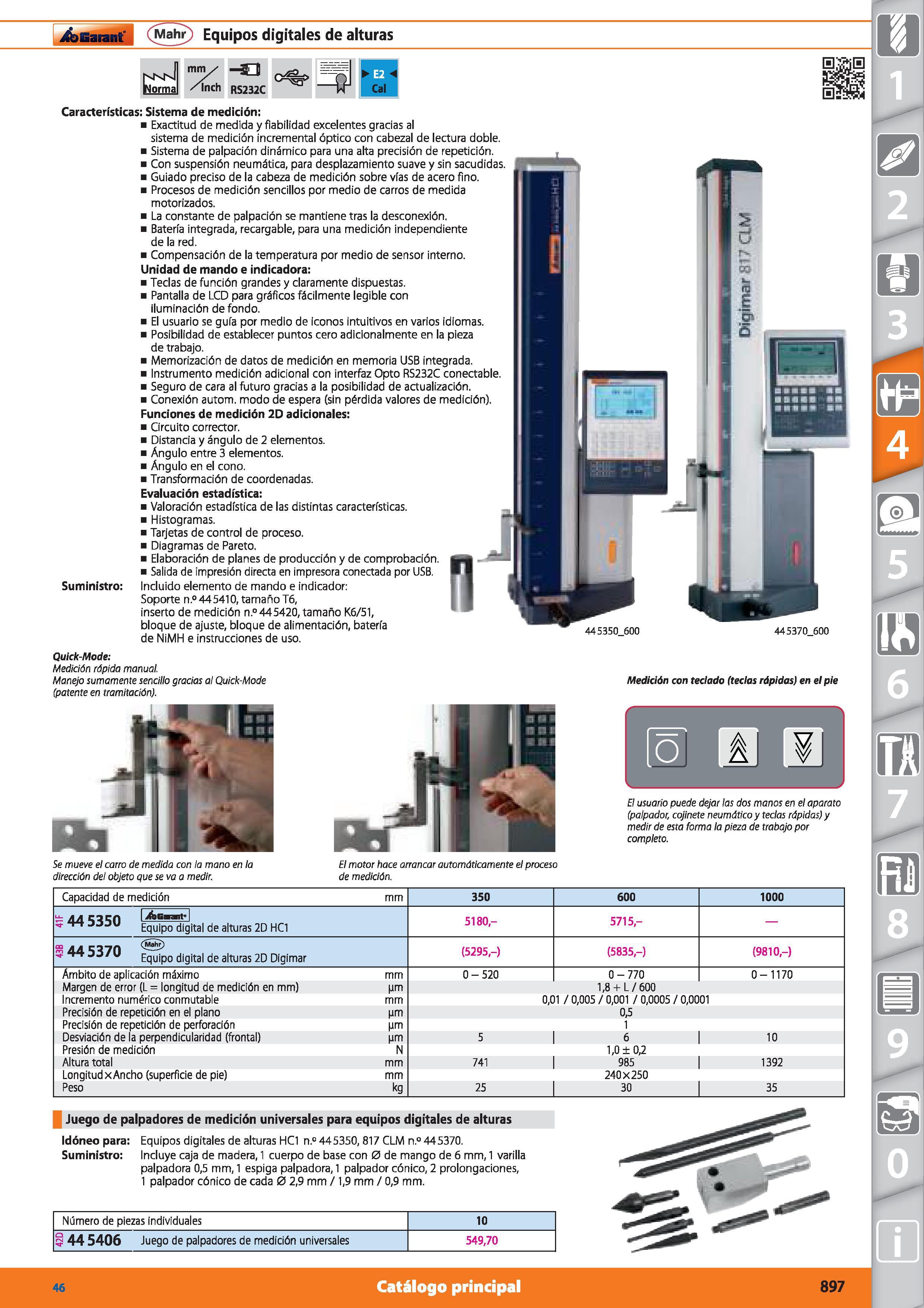 897 ifenarant (Mahr) Equipos digitales de alturas El motor hace arrancar automáticamente el proceso de medición Quick-Mode: Medición rápida manual Ma Каталог HOFFMANN GROUP 2015 Инструмент режущий слесарный измерительный абразивный Оборудование Комплексные поставки для промышленных предприятий Стр. 897 SPA