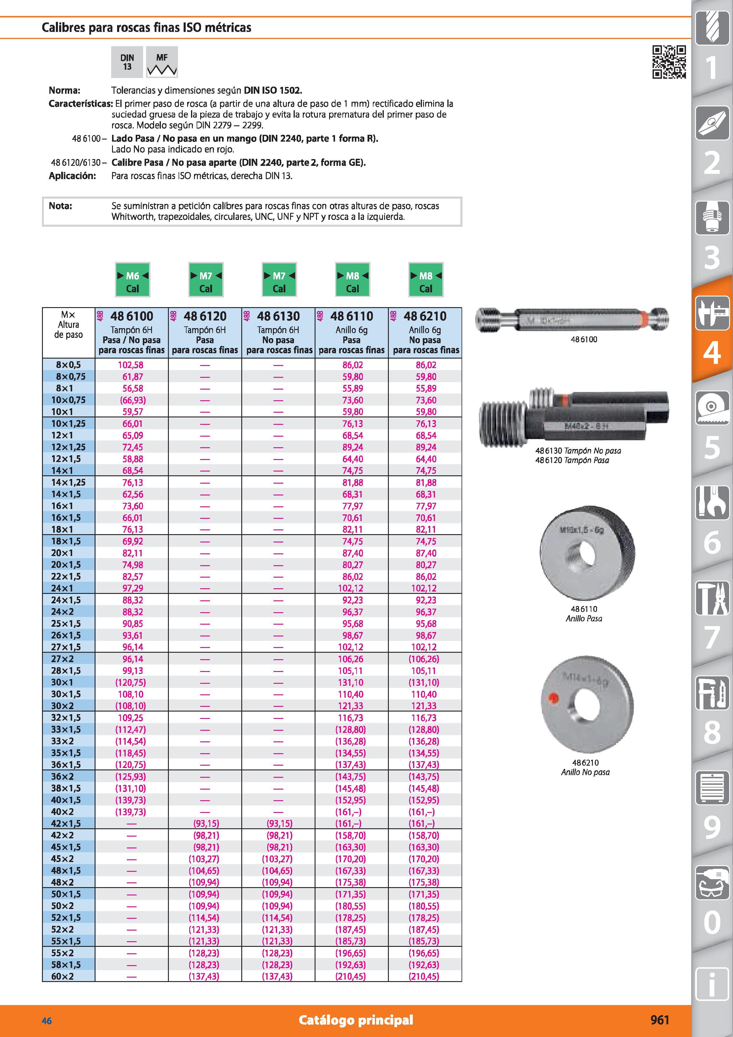 961 Calibres para roscas finas ISO métricas DIN MF 13 Norma: Tolerancias y dimensiones según DIN ISO 1502 Características: El primer paso de rosca (a Каталог HOFFMANN GROUP 2015 Инструмент режущий слесарный измерительный абразивный Оборудование Комплексные поставки для промышленных предприятий Стр. 961 SPA