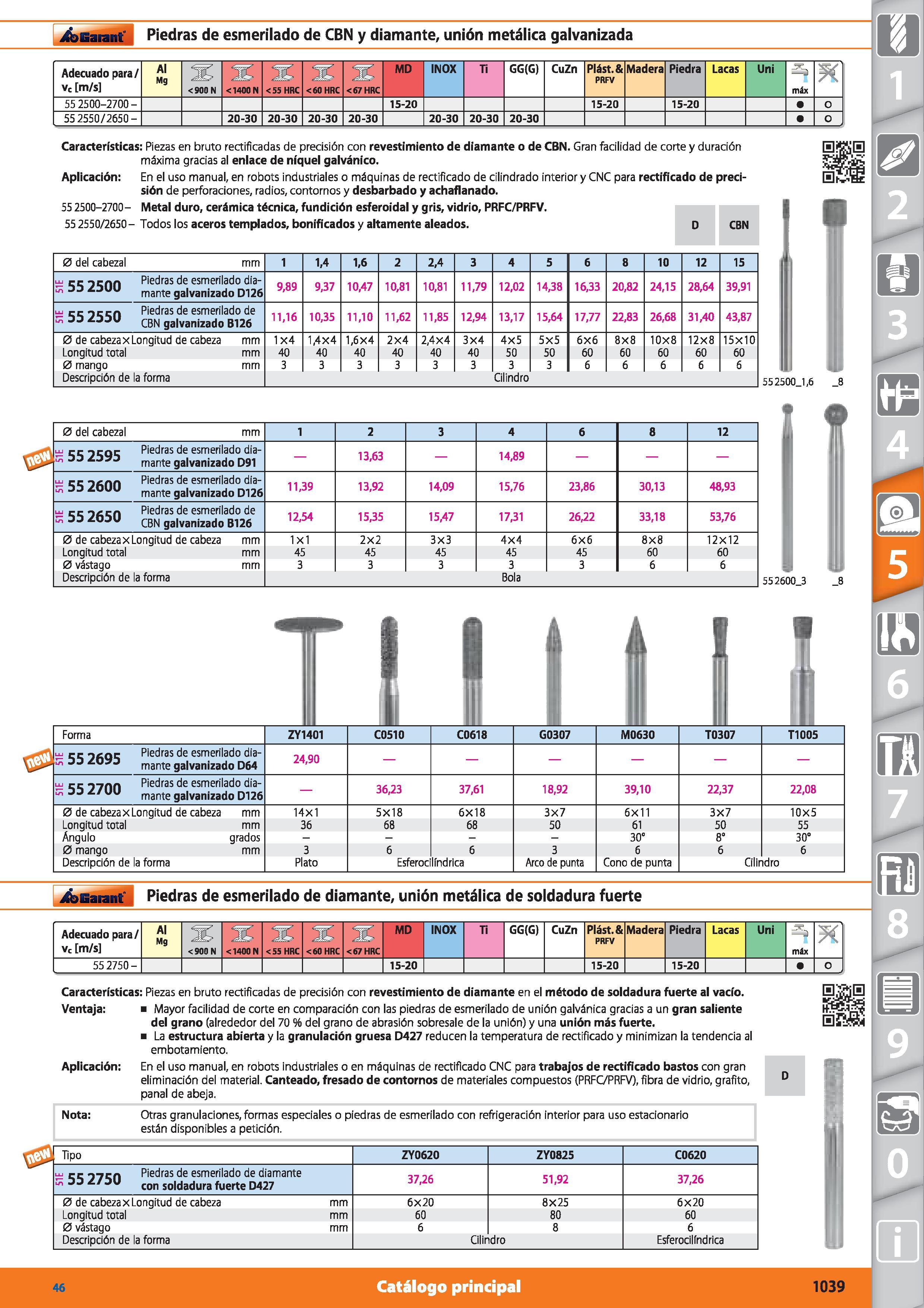1039 ifenarant Piedras de esmerilado de CBN y diamante, unión metálica galvanizada Adecuado para/ vc m/s Al Mg <900 N <1400N <55 HRC <60 HRC <67 HRC M Каталог HOFFMANN GROUP 2015 Инструмент режущий слесарный измерительный абразивный Оборудование Комплексные поставки для промышленных предприятий Стр. 1039 SPA
