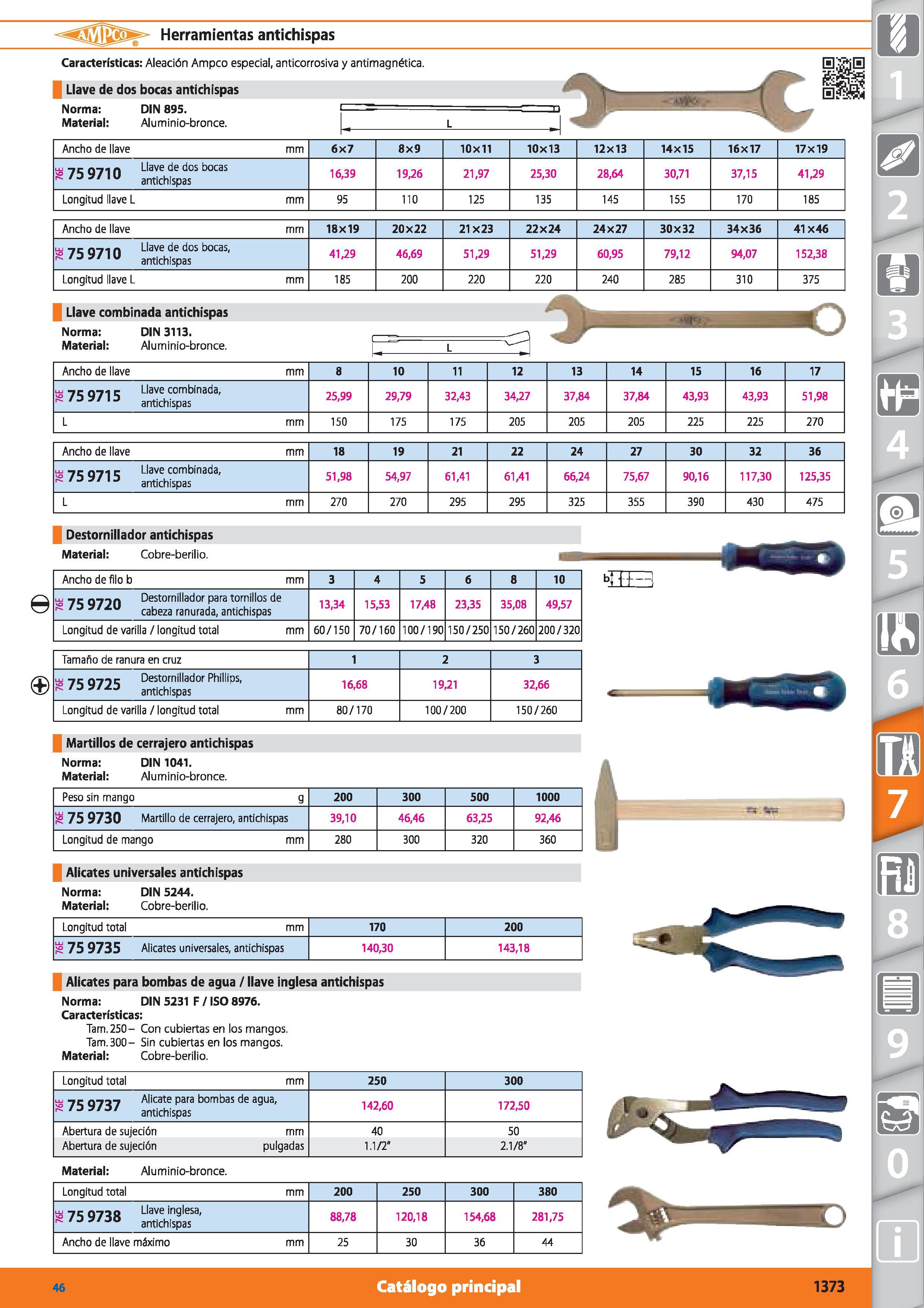 1373 Herramientas antichispas Características: Aleación Ampco especial, anticorrosiva y antimagnética Llave de dos bocas antichispas Norma: Material: Каталог HOFFMANN GROUP 2015 Инструмент режущий слесарный измерительный абразивный Оборудование Комплексные поставки для промышленных предприятий Стр. 1373 SPA