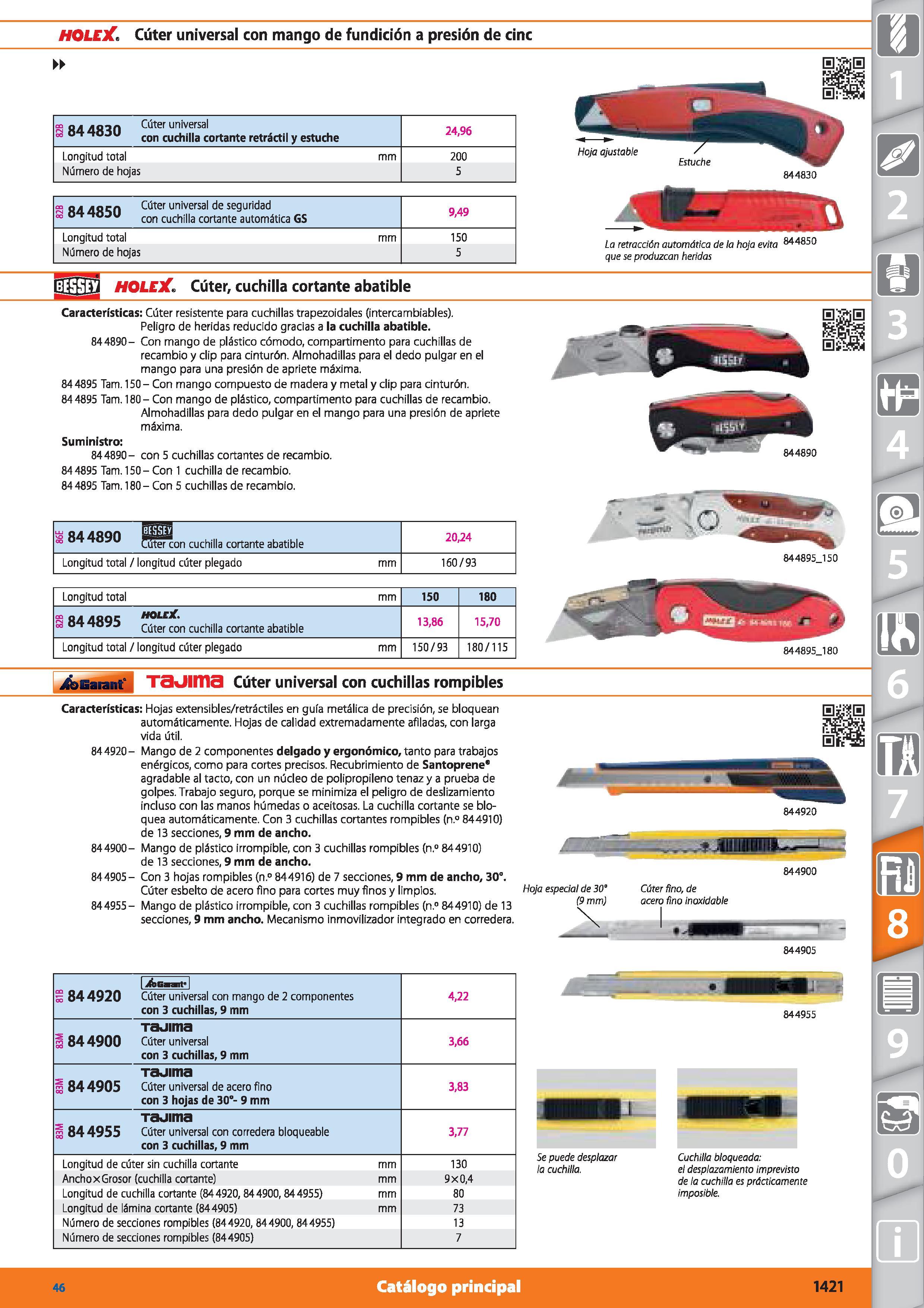 1421 HOLEX, Cúter universal con mango de fundición a presión de cinc 844830 Cúter universal con cuchilla cortante retráctil y estuche Longitud total N Каталог HOFFMANN GROUP 2015 Инструмент режущий слесарный измерительный абразивный Оборудование Комплексные поставки для промышленных предприятий Стр. 1421 SPA