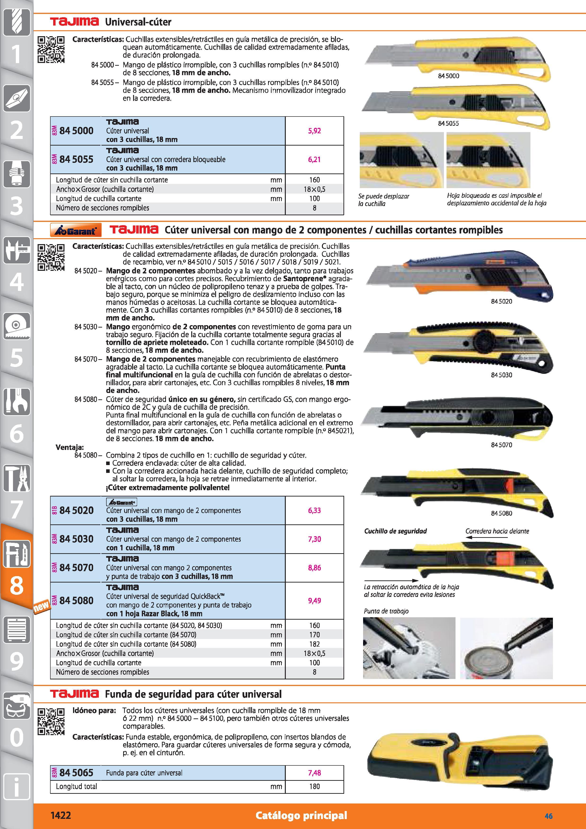 1422 Tauima Universal-cúter TQ/ 0 Características: Cuchillas extensibles/retráctiles en guía metálica de precisión, se bloquean automáticamente Cuchil Каталог HOFFMANN GROUP 2015 Инструмент режущий слесарный измерительный абразивный Оборудование Комплексные поставки для промышленных предприятий Стр. 1422 SPA