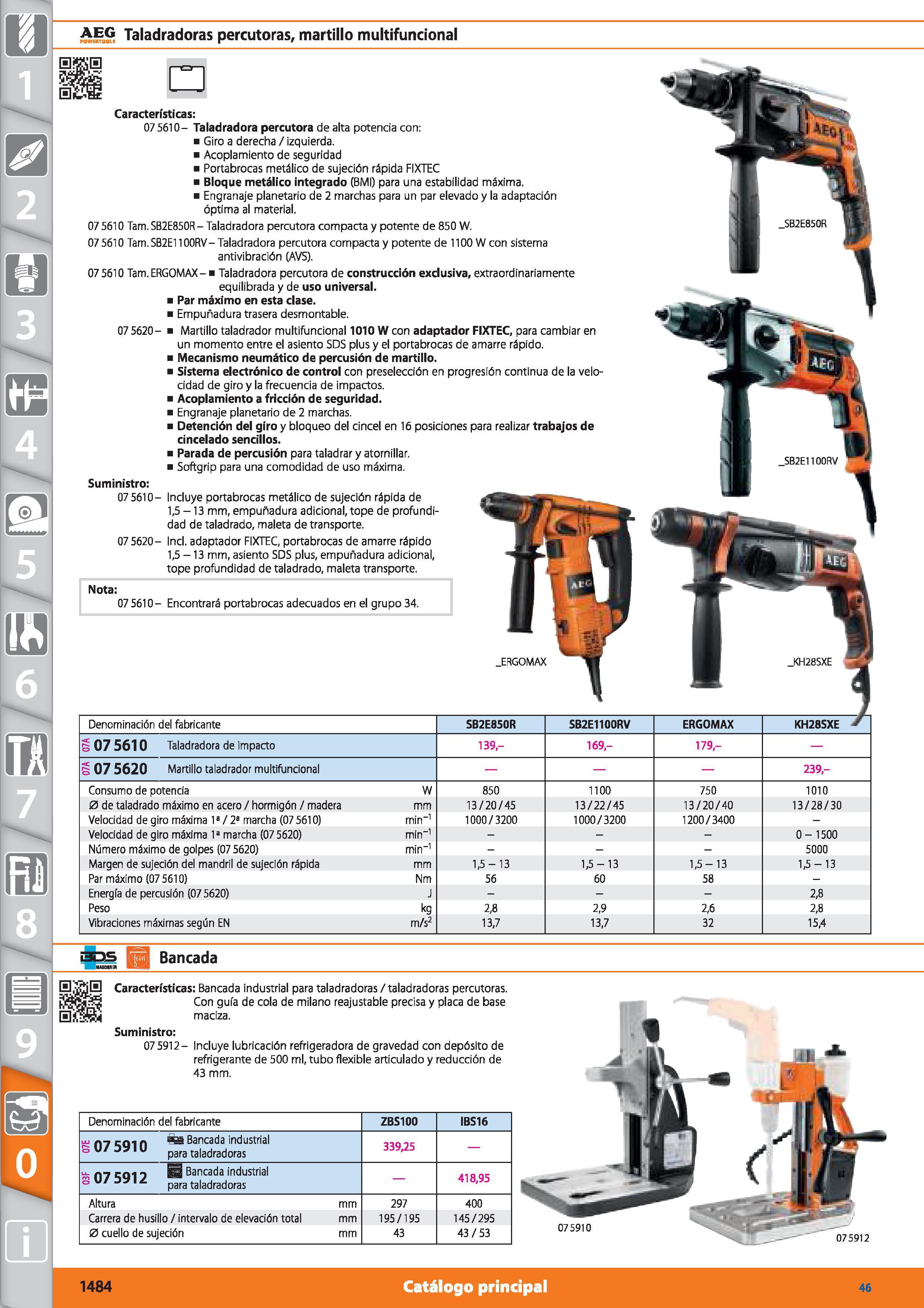 1484 AEG Taladradoras percutores, martillo multifuncional Características: 07 5610- Taladradora percutora de alta potencia con: Giro a derecha / izqui Каталог HOFFMANN GROUP 2015 Инструмент режущий слесарный измерительный абразивный Оборудование Комплексные поставки для промышленных предприятий Стр. 1484 SPA